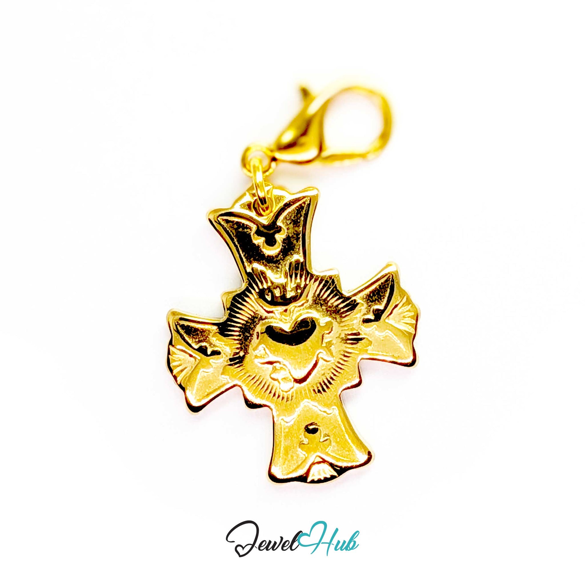 Dove cross charm in gold stainless steel with a radiant heart - shown with the lobster clasp attached - JewelHub