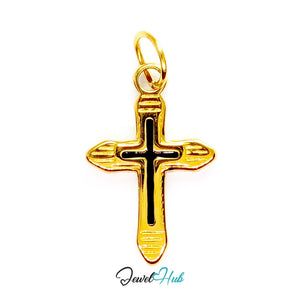 Cross charm in gold stainless steel with a black enamel inlay - front view - JewelHub