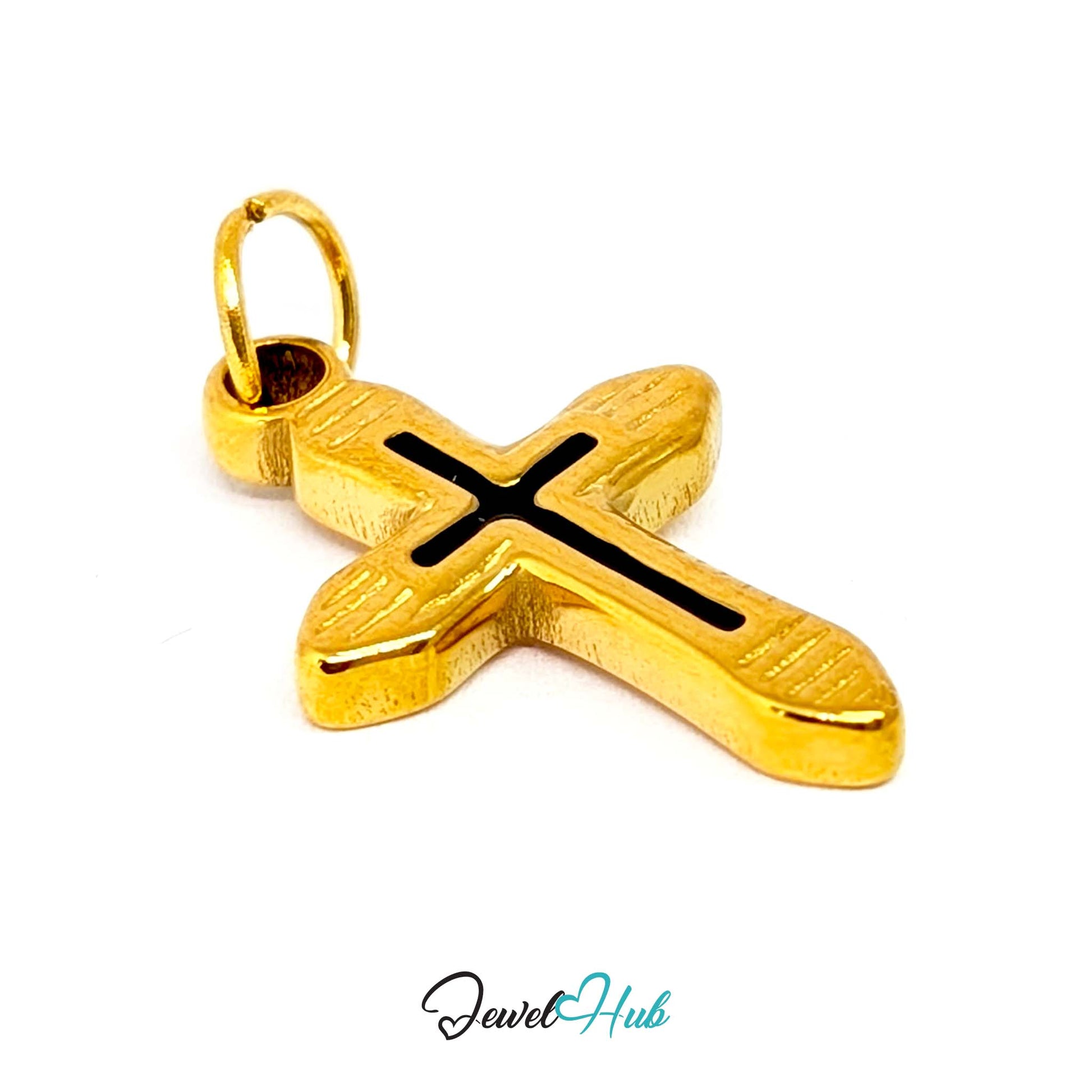 Cross charm in gold stainless steel with a black enamel inlay - three-quarter view - JewelHub