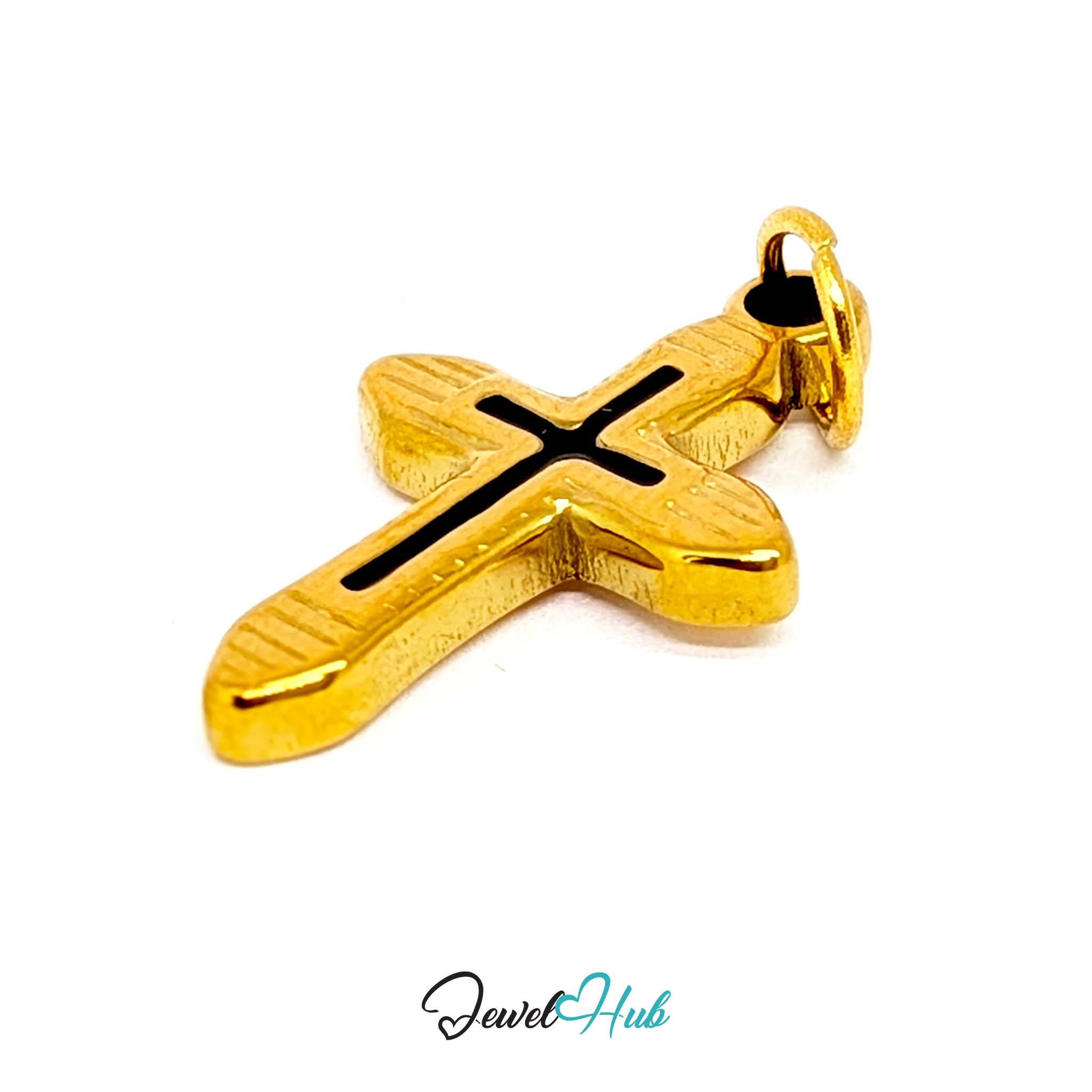 Cross charm in gold stainless steel with a black enamel inlay - angled view - JewelHub