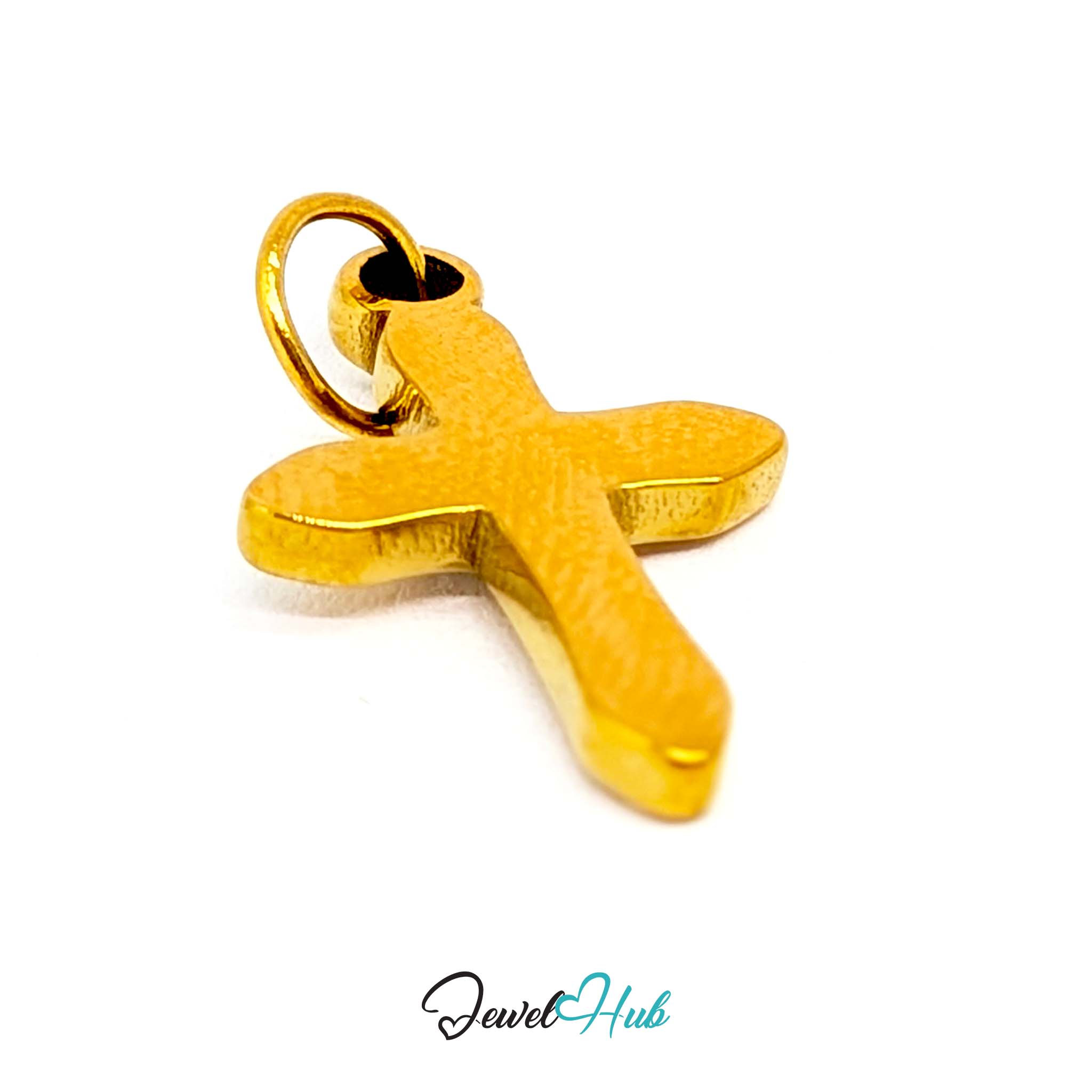 Cross charm in gold stainless steel with a black enamel inlay - turned to show depth - JewelHub
