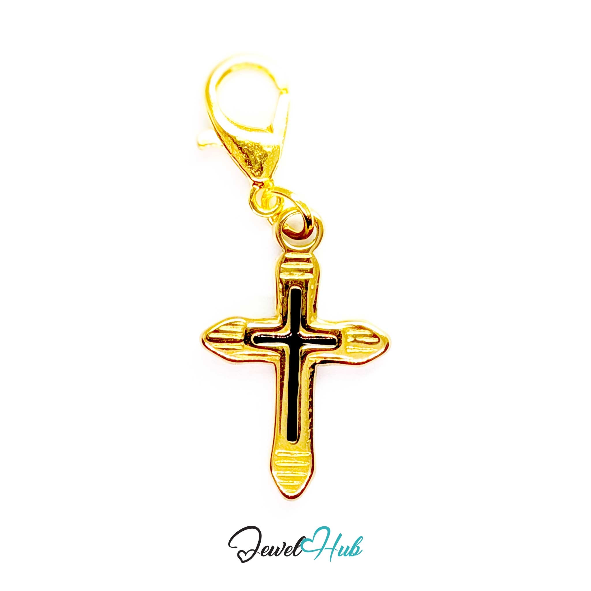 Cross charm in gold stainless steel with a black enamel inlay - shown with the lobster clasp attached - JewelHub