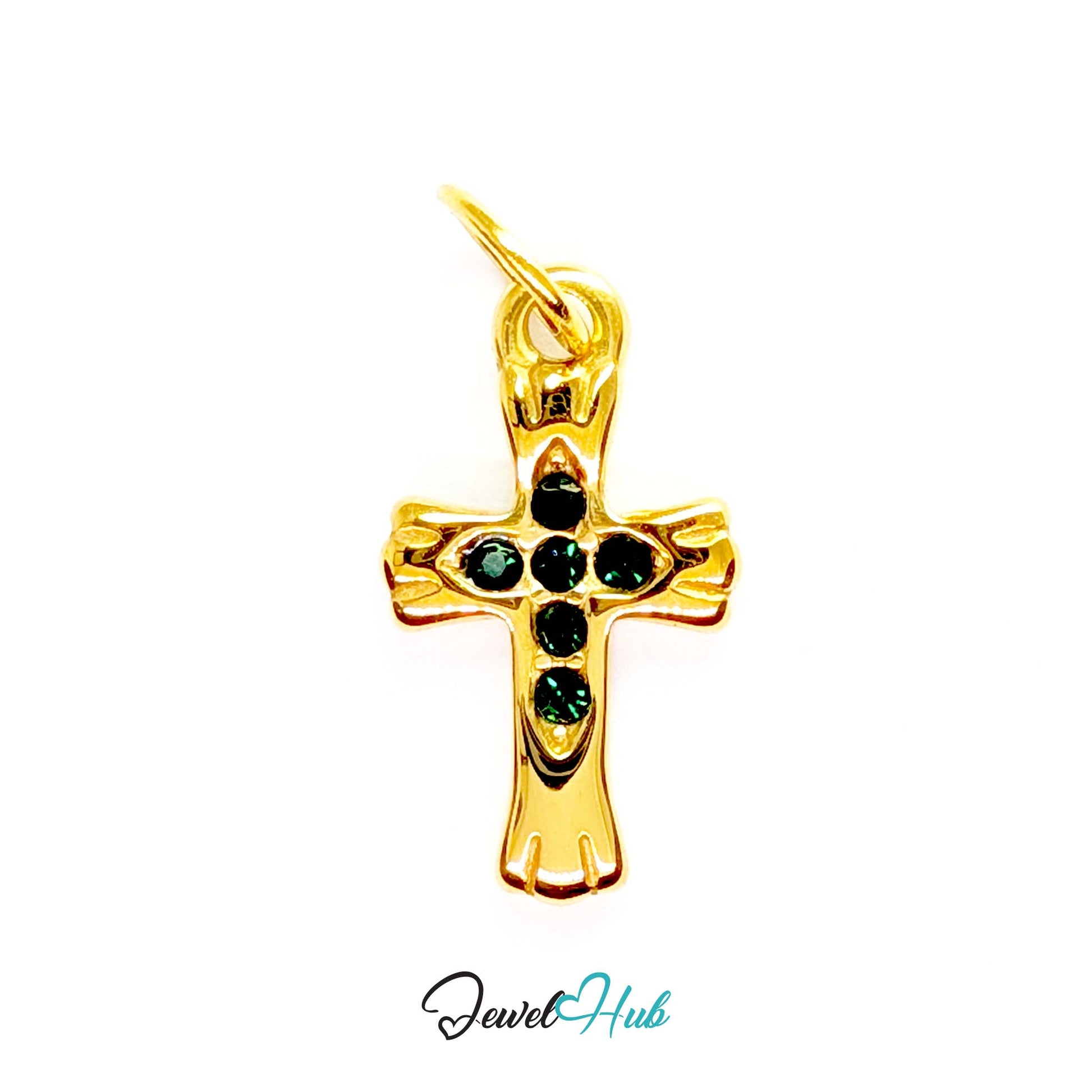 Small cross charm in gold stainless steel with six green stones - front view - JewelHub