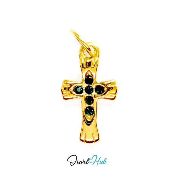 Small cross charm in gold stainless steel with six green stones - front view - JewelHub