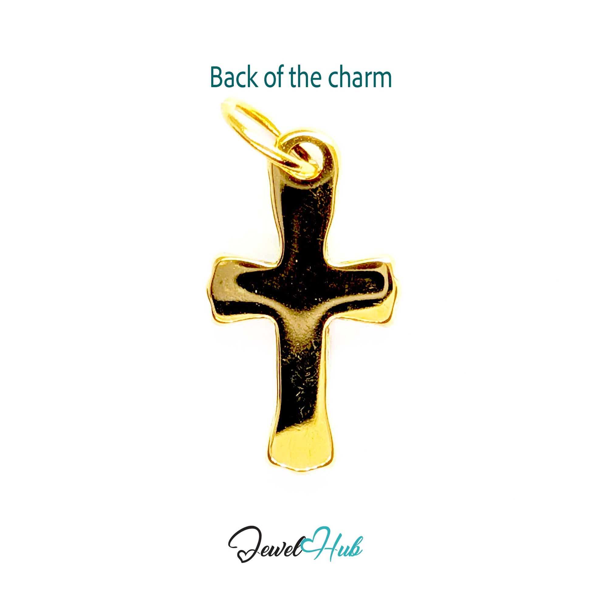 Small cross charm in gold stainless steel with six green stones - reverse - JewelHub