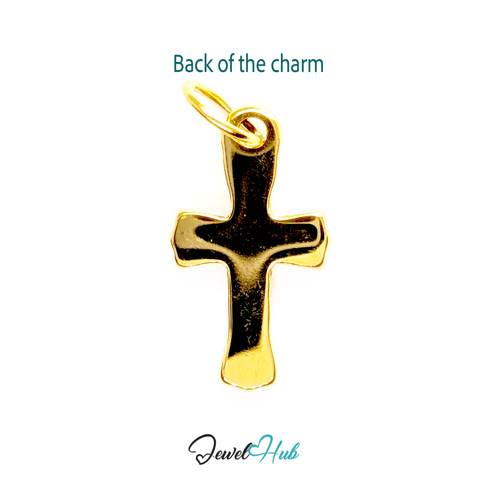 Small cross charm in gold stainless steel with six green stones - reverse - JewelHub