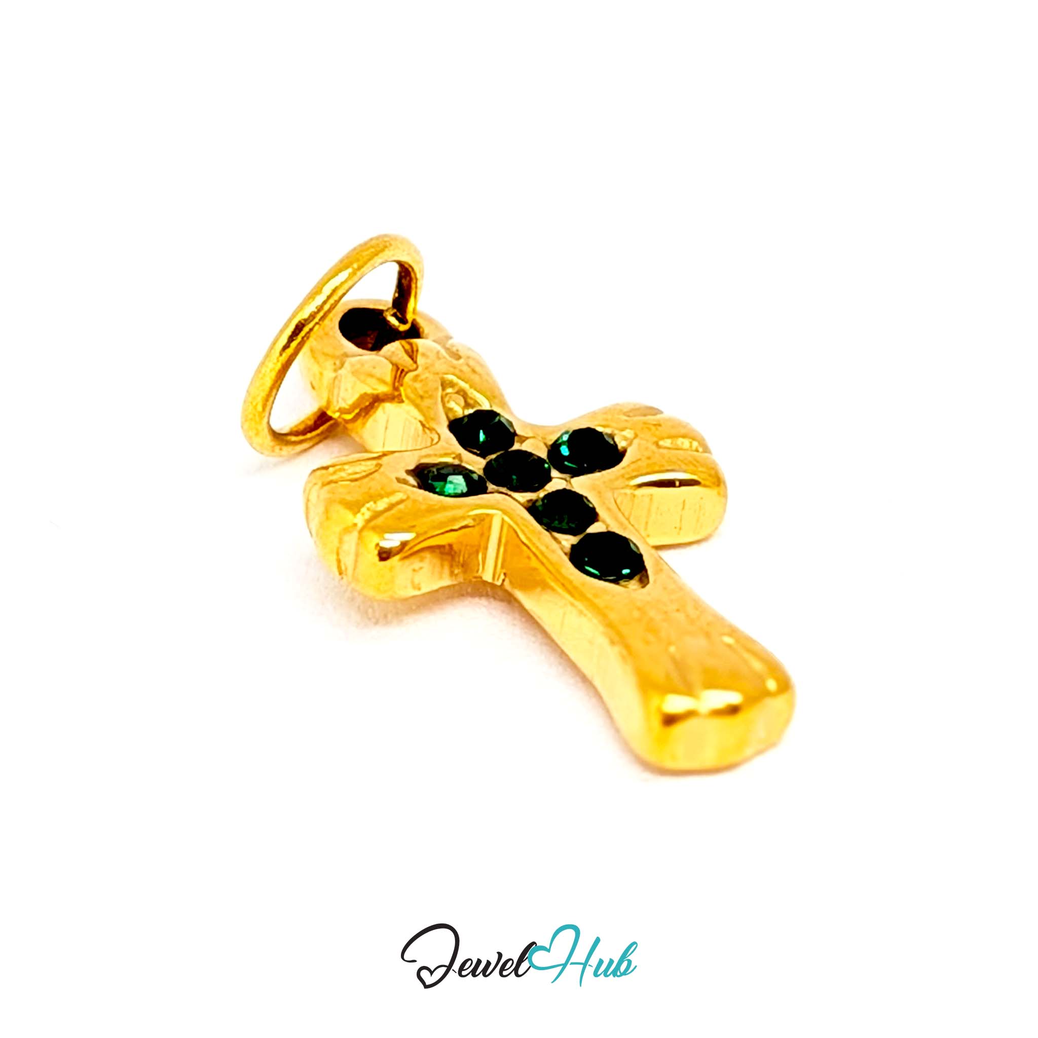 Small cross charm in gold stainless steel with six green stones - three-quarter view - JewelHub