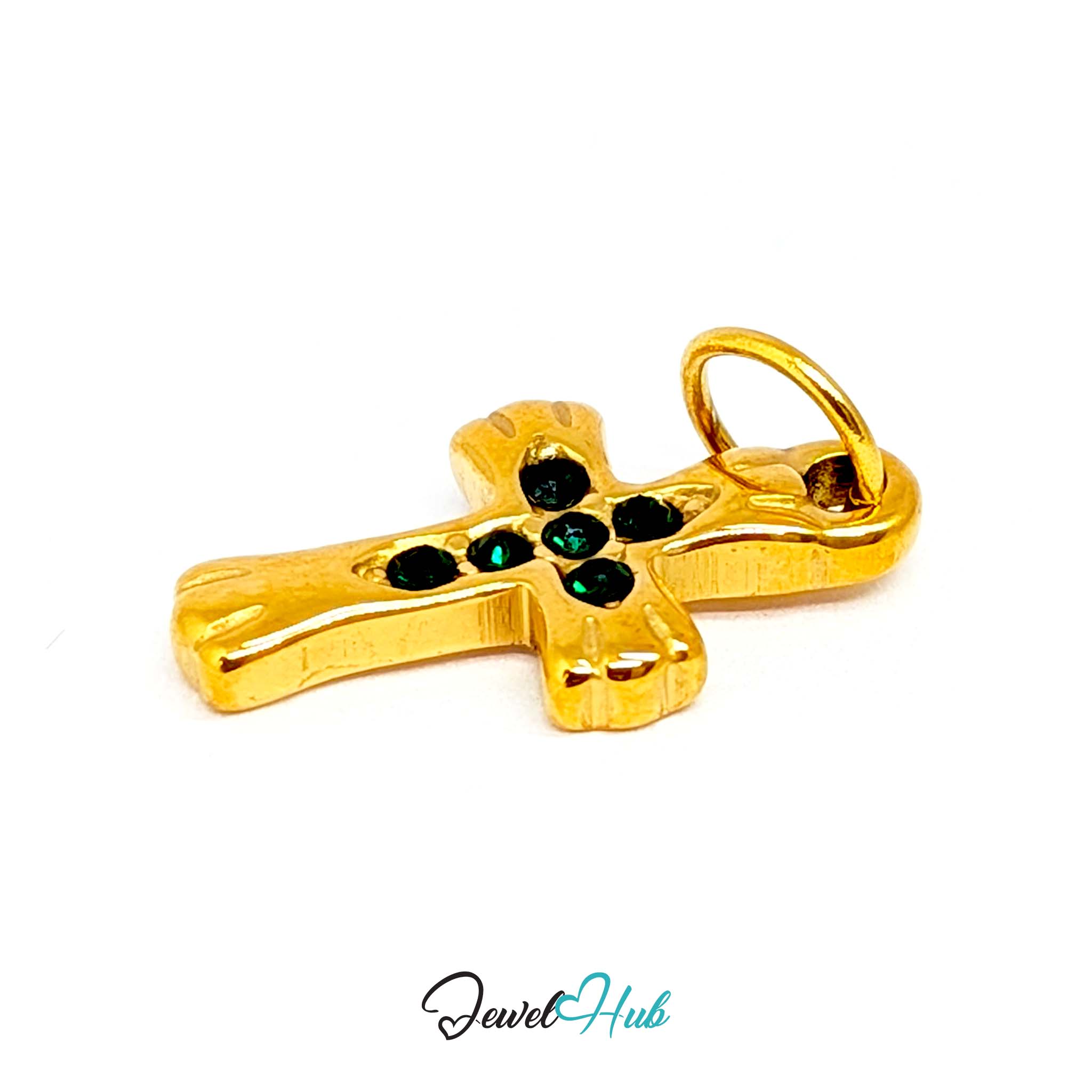 Small cross charm in gold stainless steel with six green stones - angled view - JewelHub