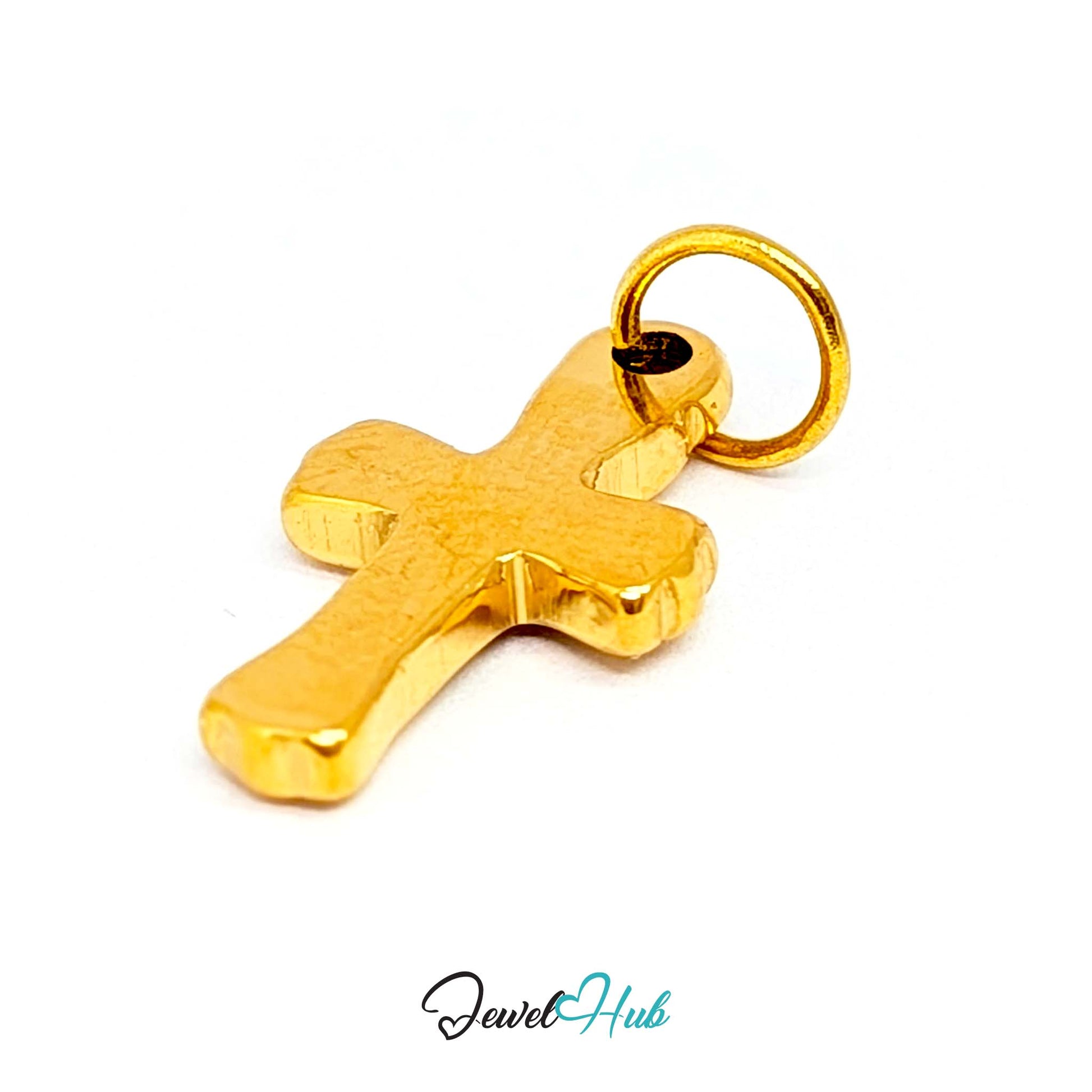 Small cross charm in gold stainless steel with six green stones - turned to show depth - JewelHub