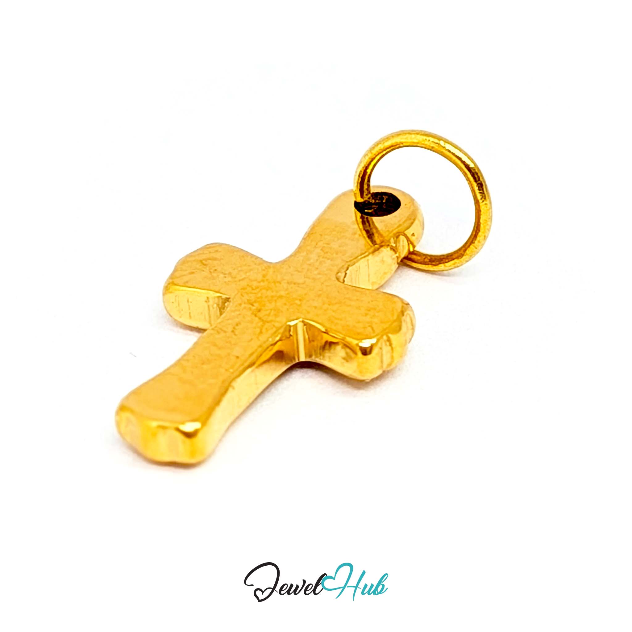 Small cross charm in gold stainless steel with six green stones - turned to show depth - JewelHub