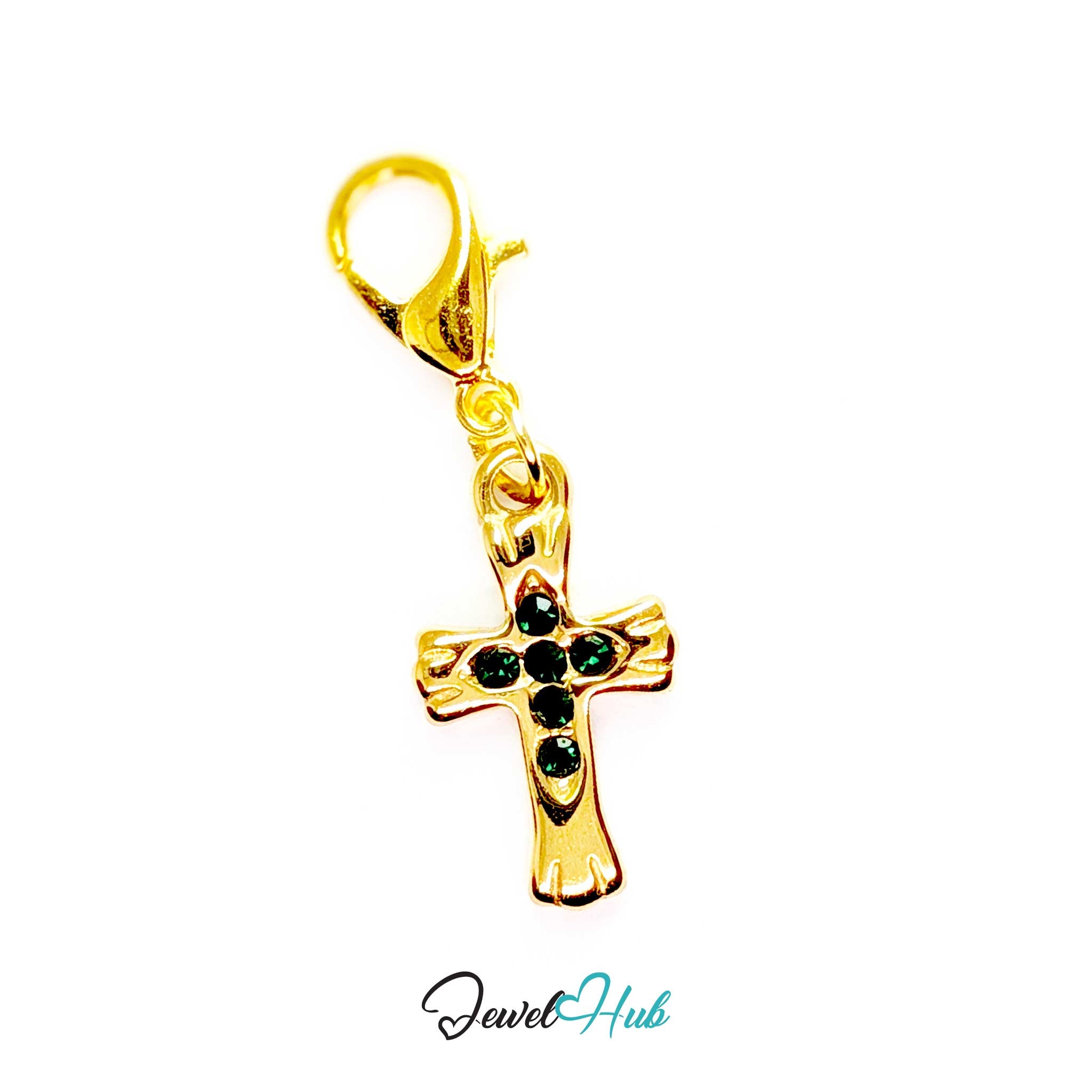 Small cross charm in gold stainless steel with six green stones - shown with the lobster clasp attached - JewelHub