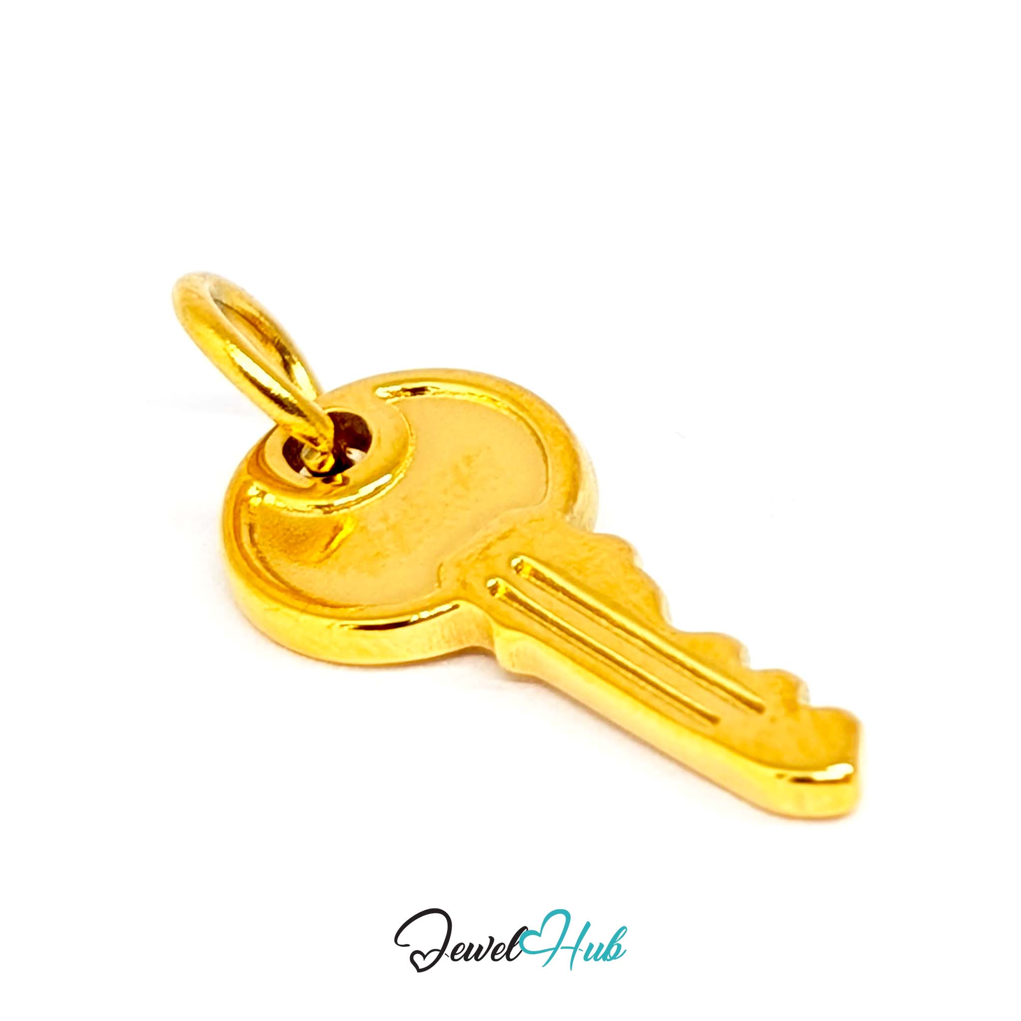 Everyday key charm in gold stainless steel with a plain round head - three-quarter view - JewelHub
