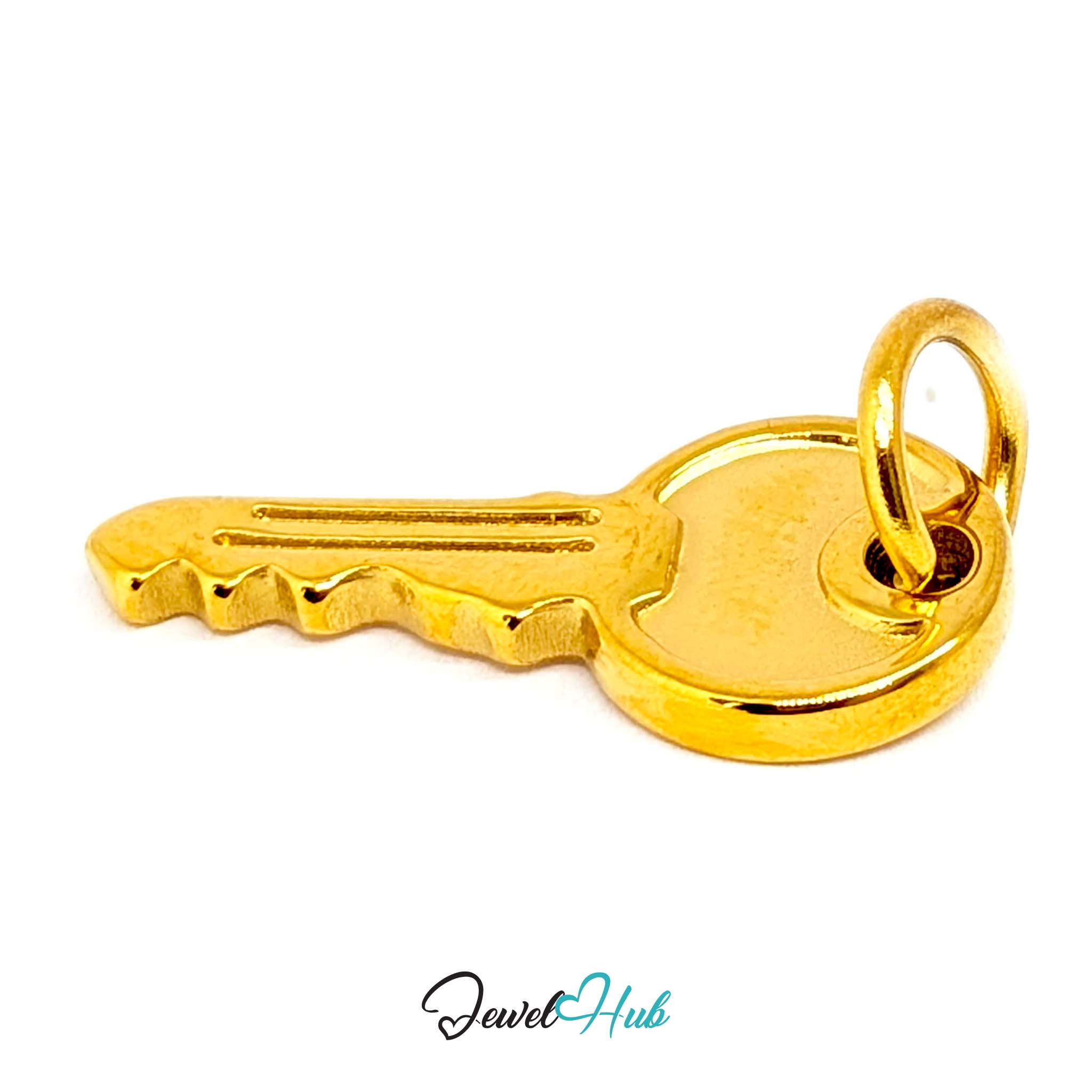 Everyday key charm in gold stainless steel with a plain round head - angled view - JewelHub