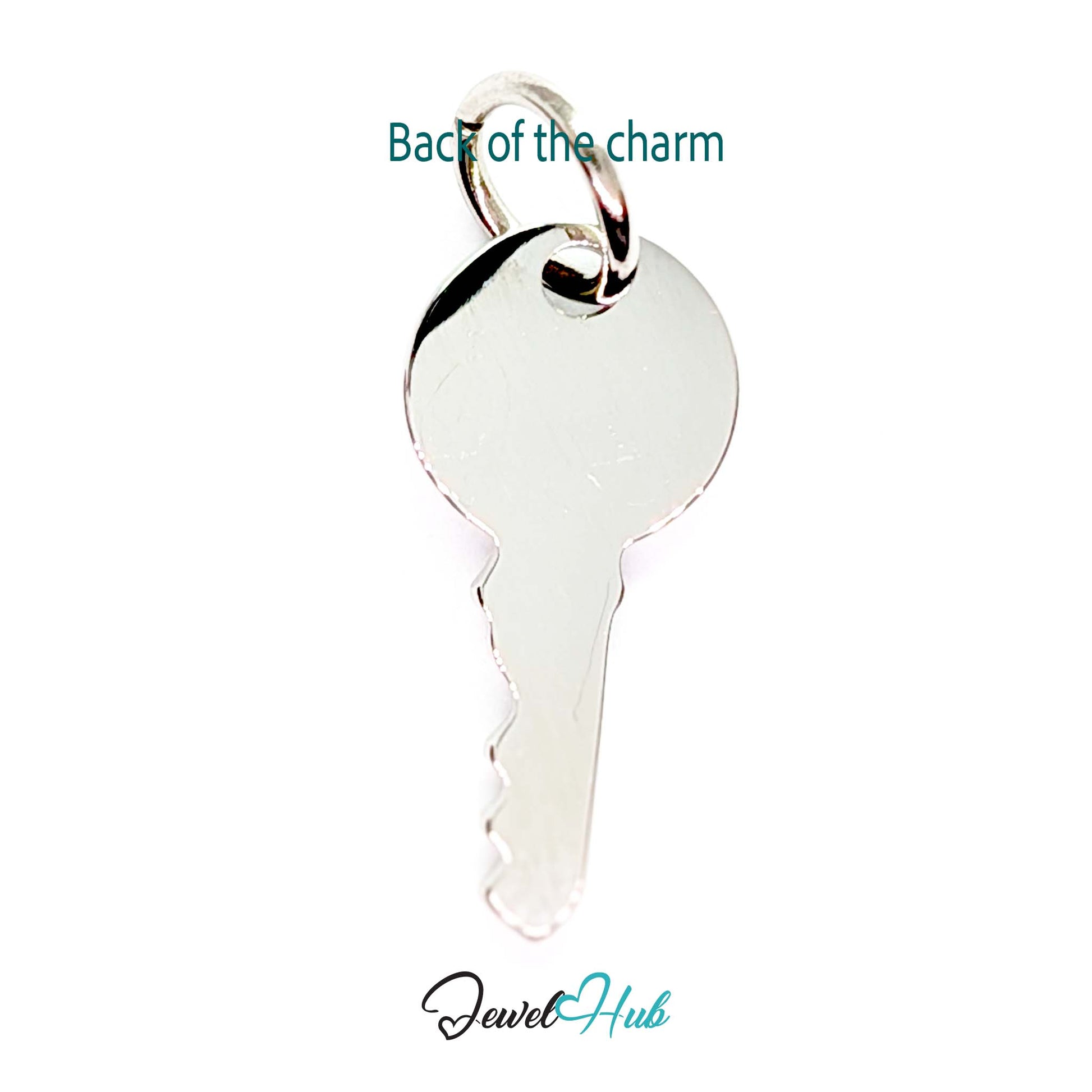 Everyday key charm in silver stainless steel with a plain round head - reverse - JewelHub