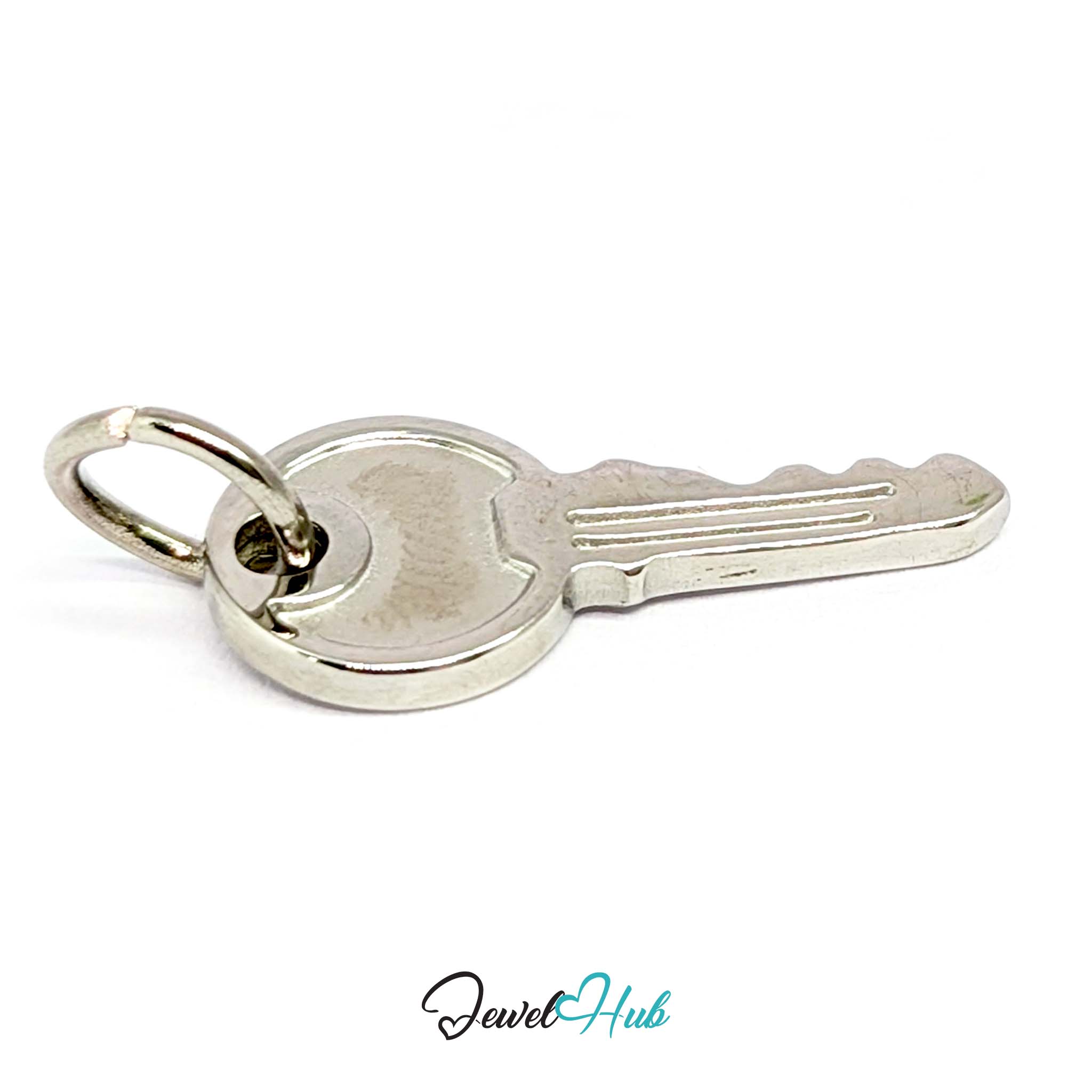 Everyday key charm in silver stainless steel with a plain round head - three-quarter view - JewelHub