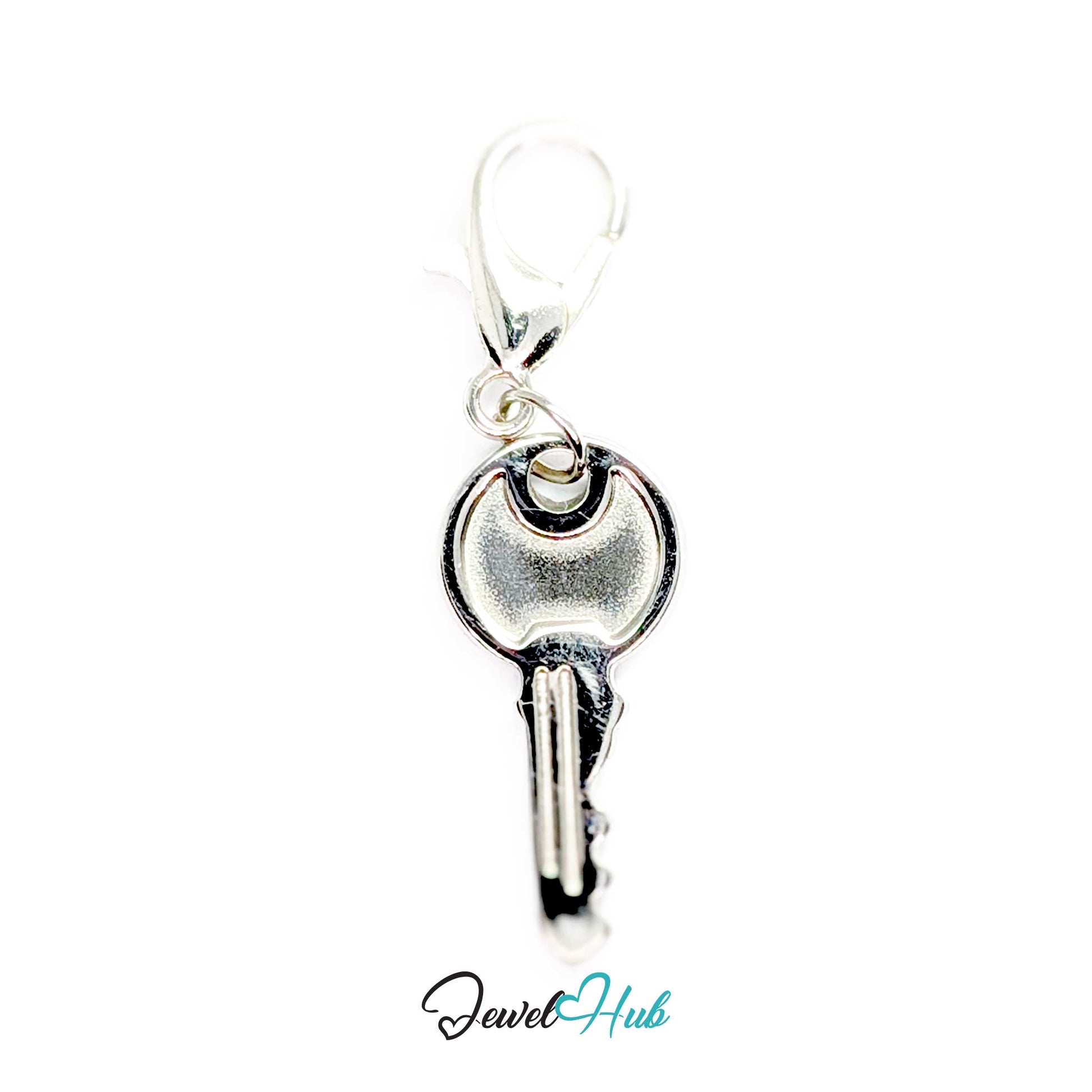 Everyday key charm in silver stainless steel with a plain round head - shown with the lobster clasp attached - JewelHub