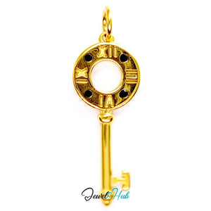 Roman numeral key charm in gold stainless steel with black stones - front view - JewelHub
