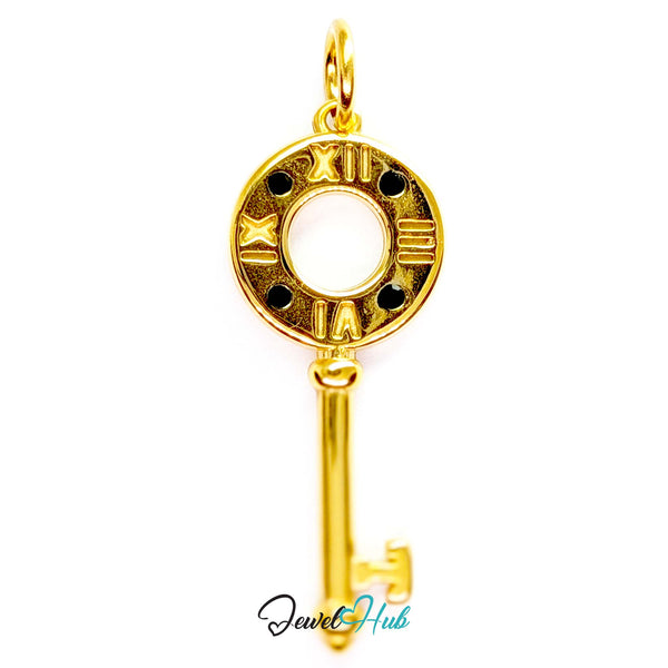 Roman numeral key charm in gold stainless steel with black stones - front view - JewelHub