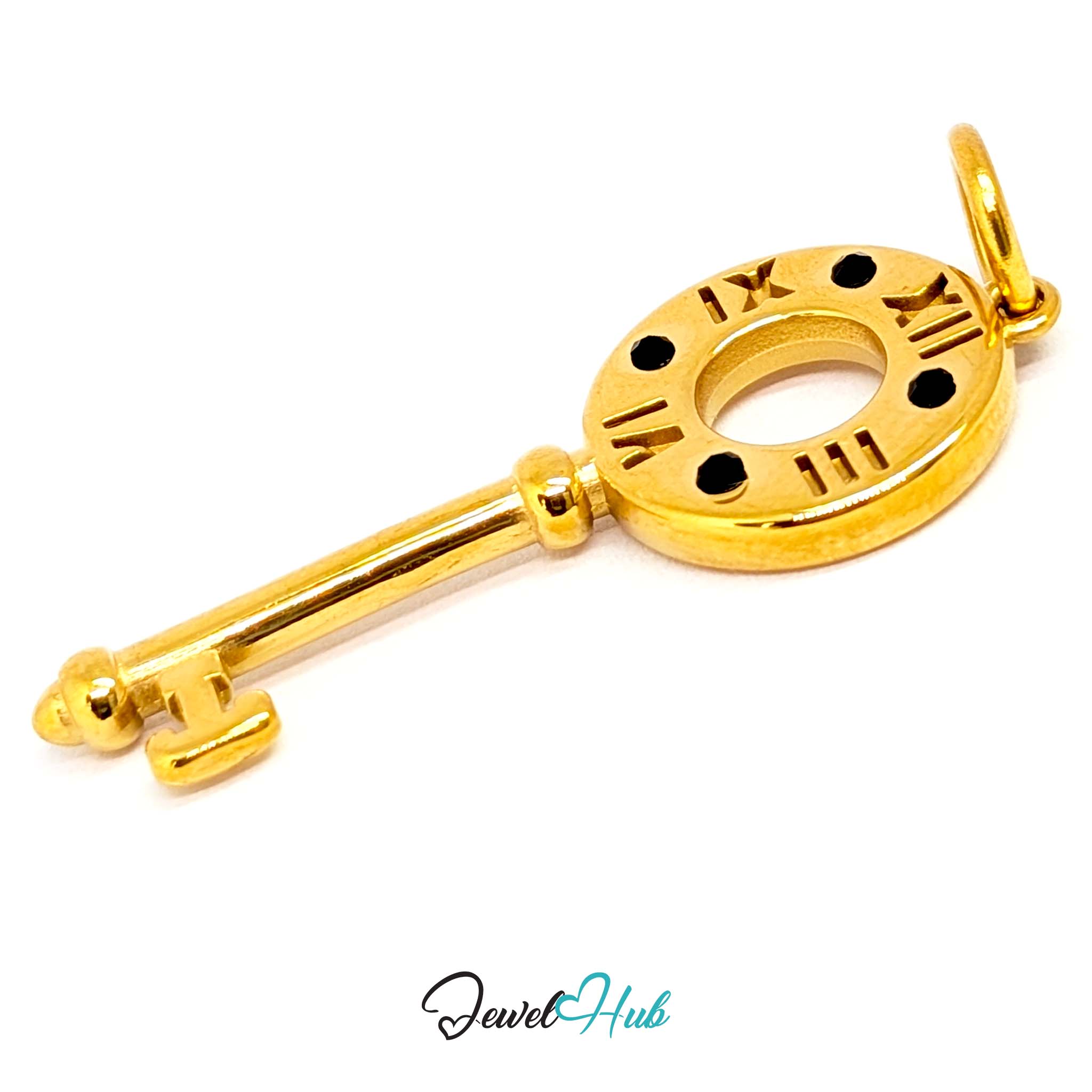 Roman numeral key charm in gold stainless steel with black stones - three-quarter view - JewelHub