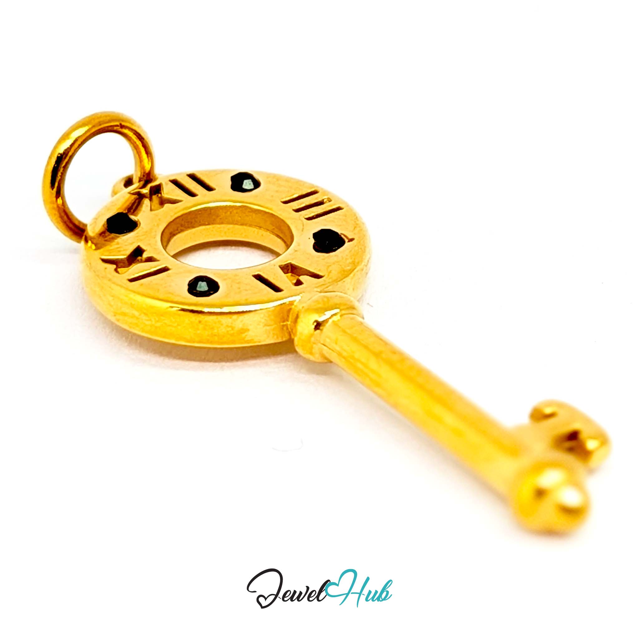 Roman numeral key charm in gold stainless steel with black stones - angled view - JewelHub