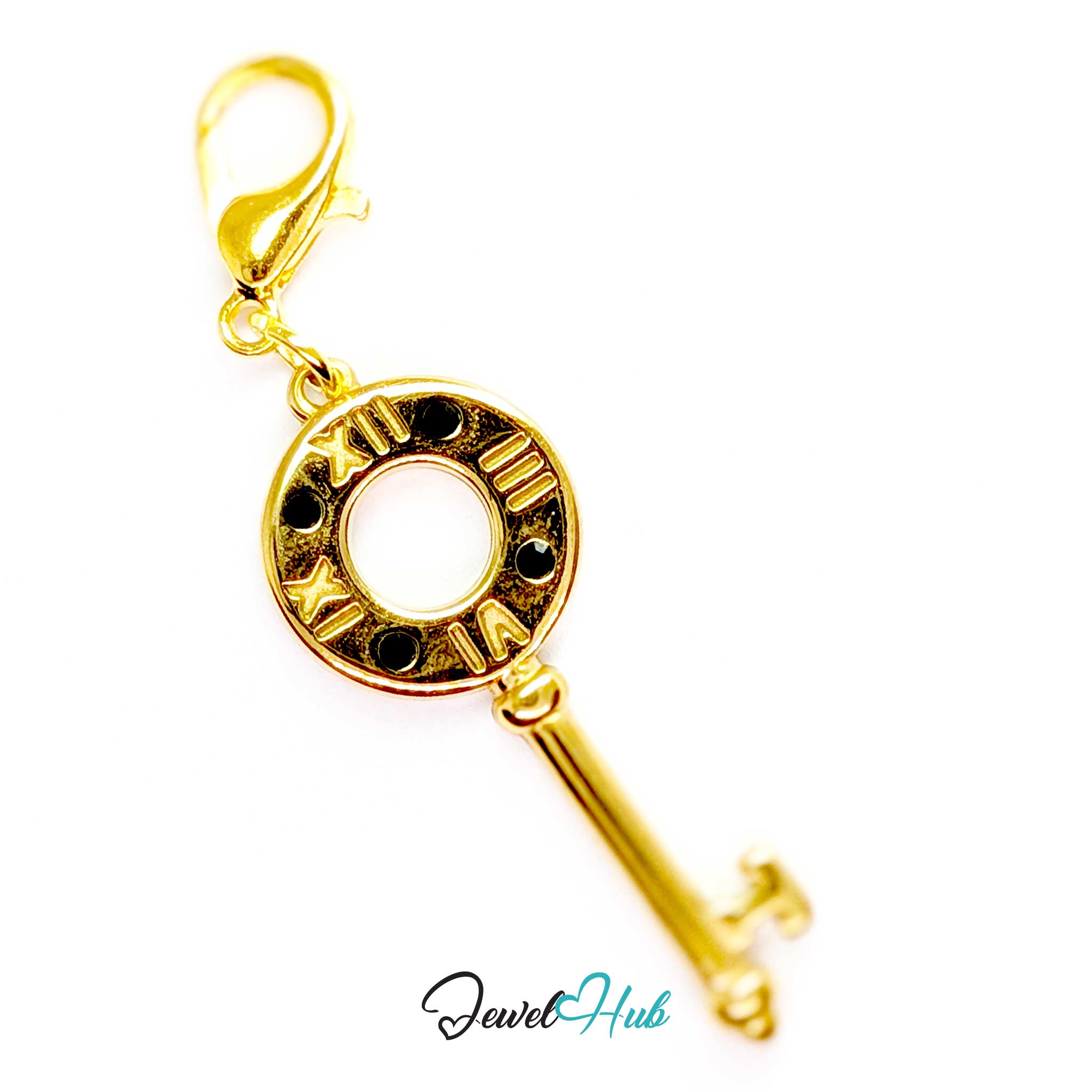 Roman numeral key charm in gold stainless steel with black stones - shown with the lobster clasp attached - JewelHub