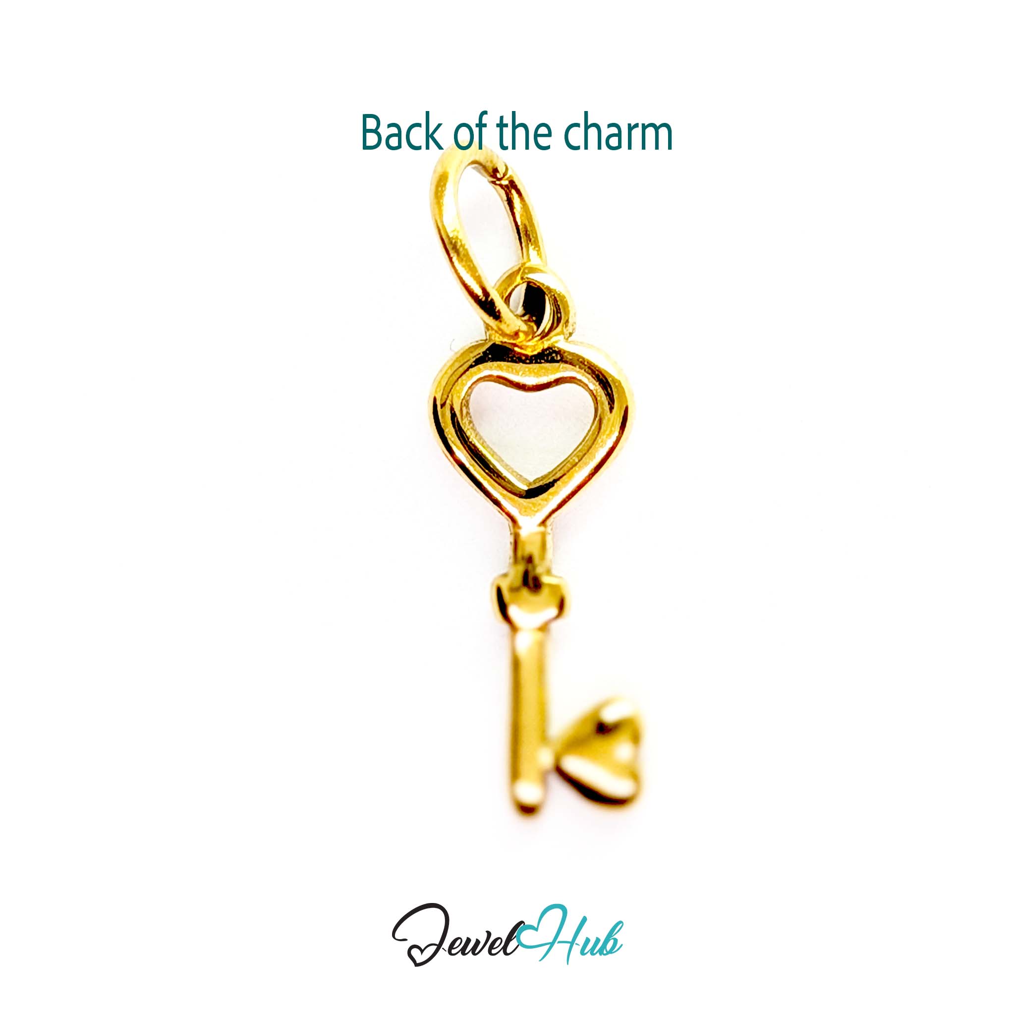 Heart key charm in gold stainless steel with an open heart bow - reverse - JewelHub