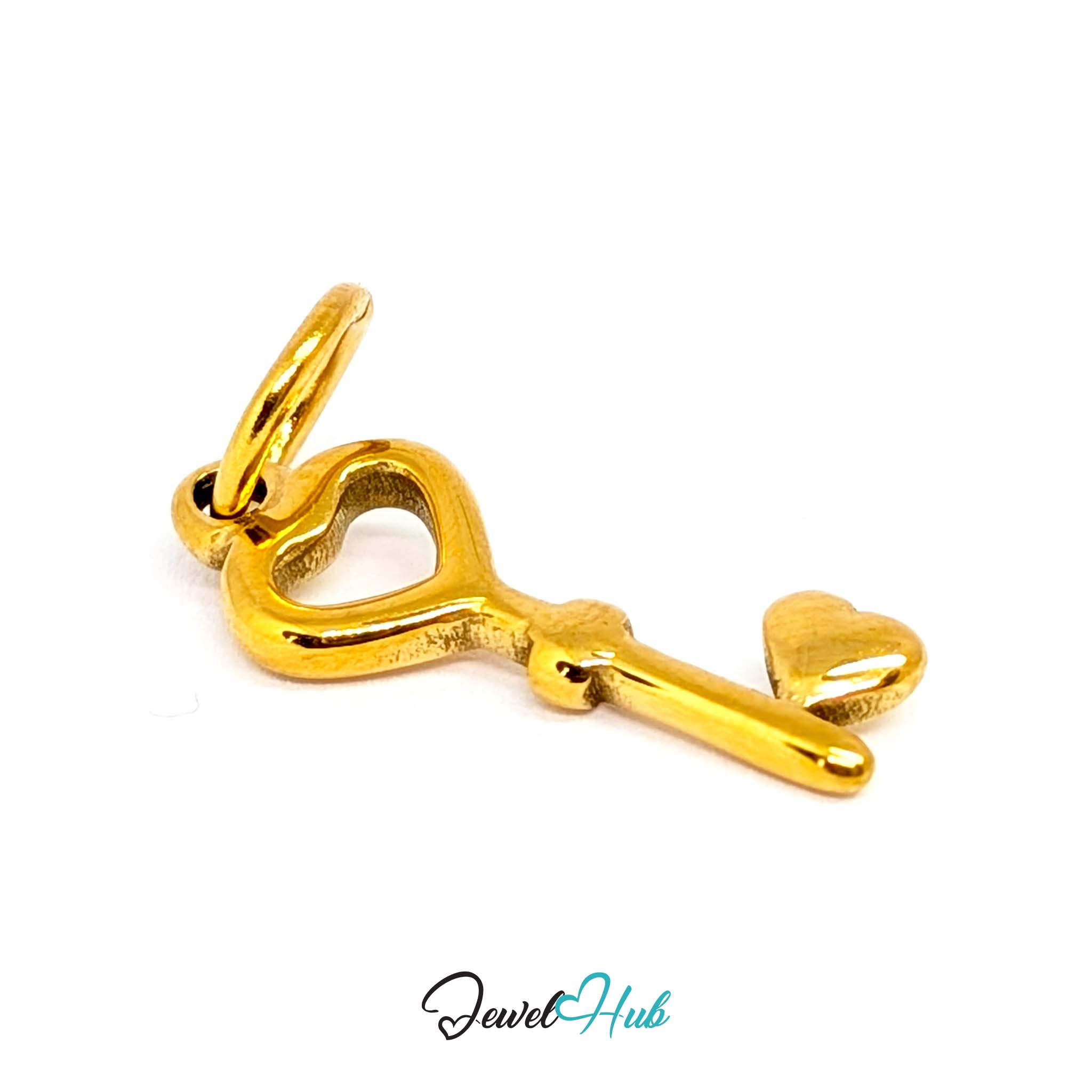 Heart key charm in gold stainless steel with an open heart bow - three-quarter view - JewelHub
