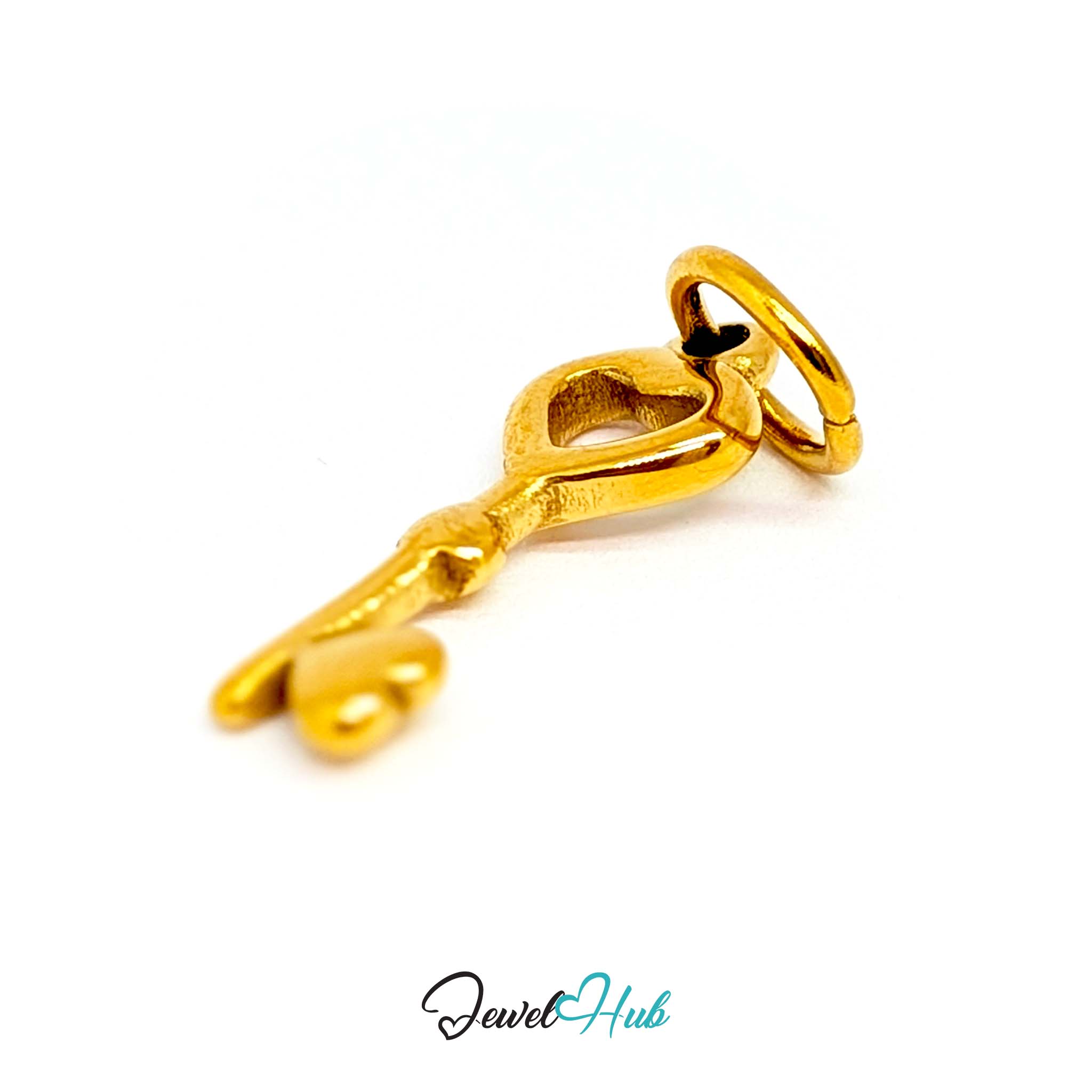 Heart key charm in gold stainless steel with an open heart bow - angled view - JewelHub