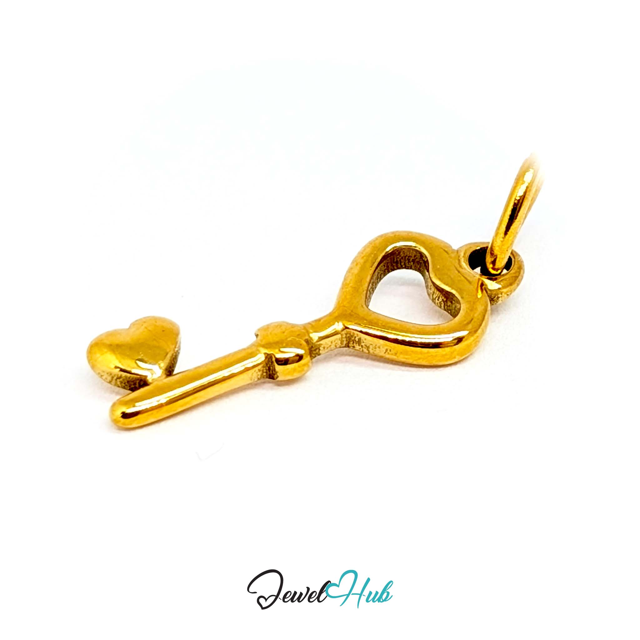 Heart key charm in gold stainless steel with an open heart bow - turned to show depth - JewelHub