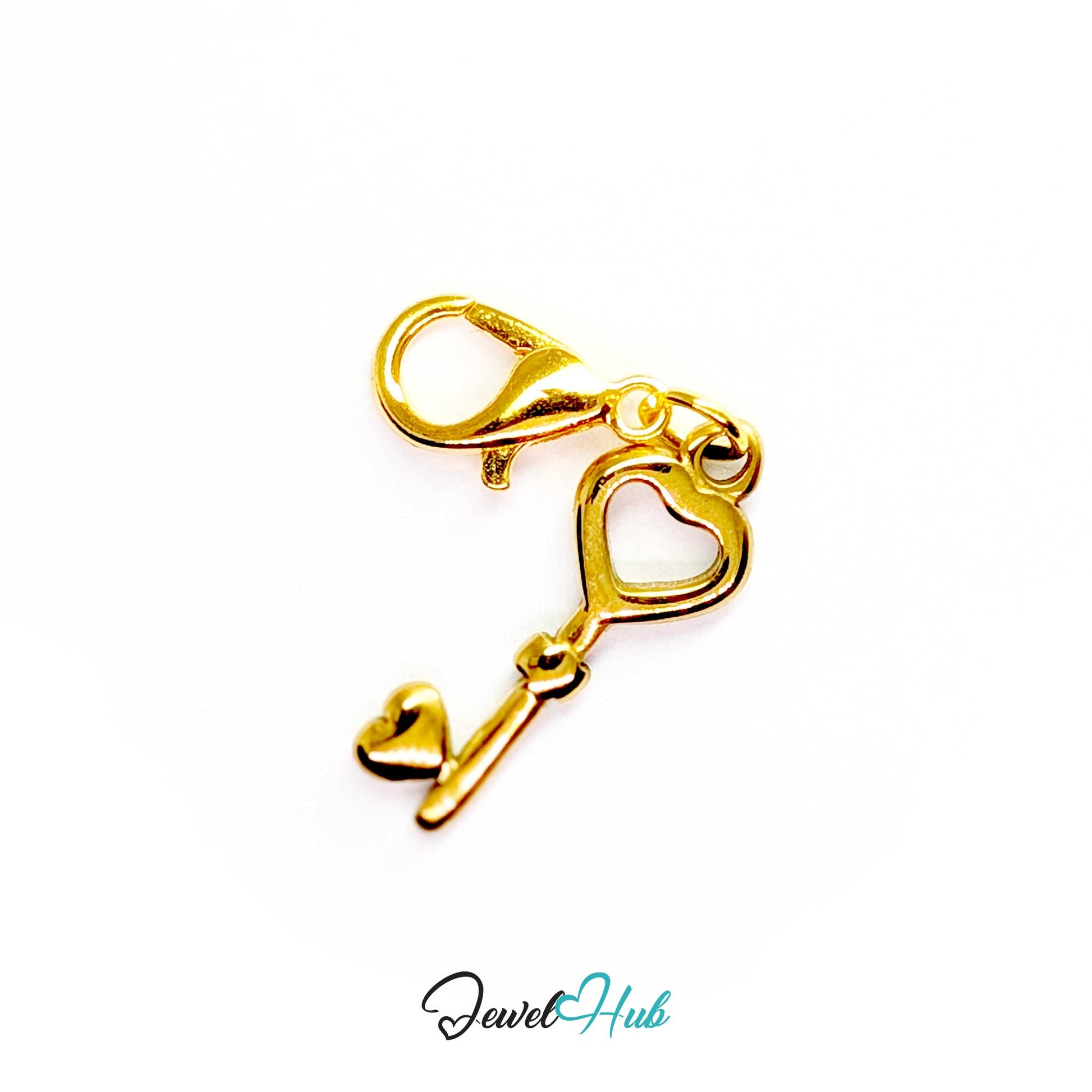 Heart key charm in gold stainless steel with an open heart bow - shown with the lobster clasp attached - JewelHub