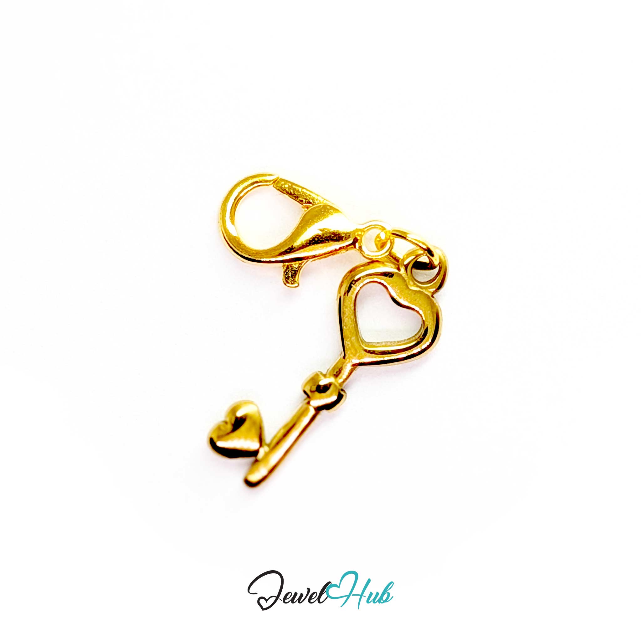 Heart key charm in gold stainless steel with an open heart bow - shown with the lobster clasp attached - JewelHub