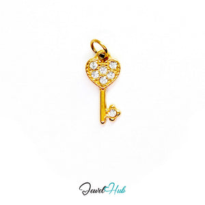 Mini heart key charm in gold stainless steel set with crystals - front view - JewelHub