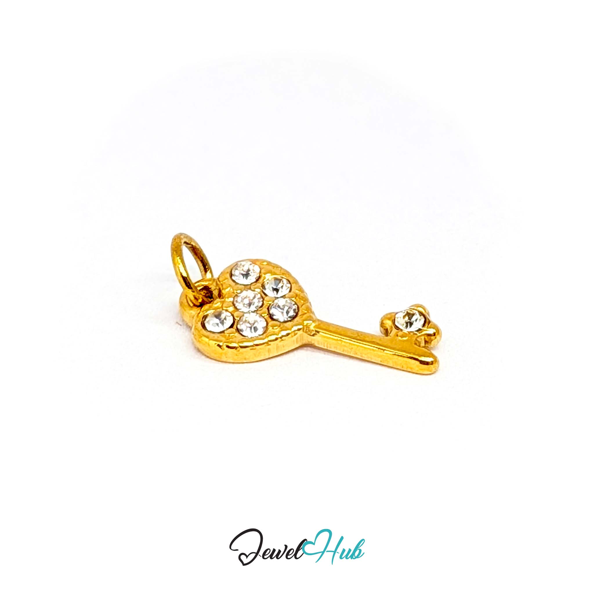 Mini heart key charm in gold stainless steel set with crystals - three-quarter view - JewelHub