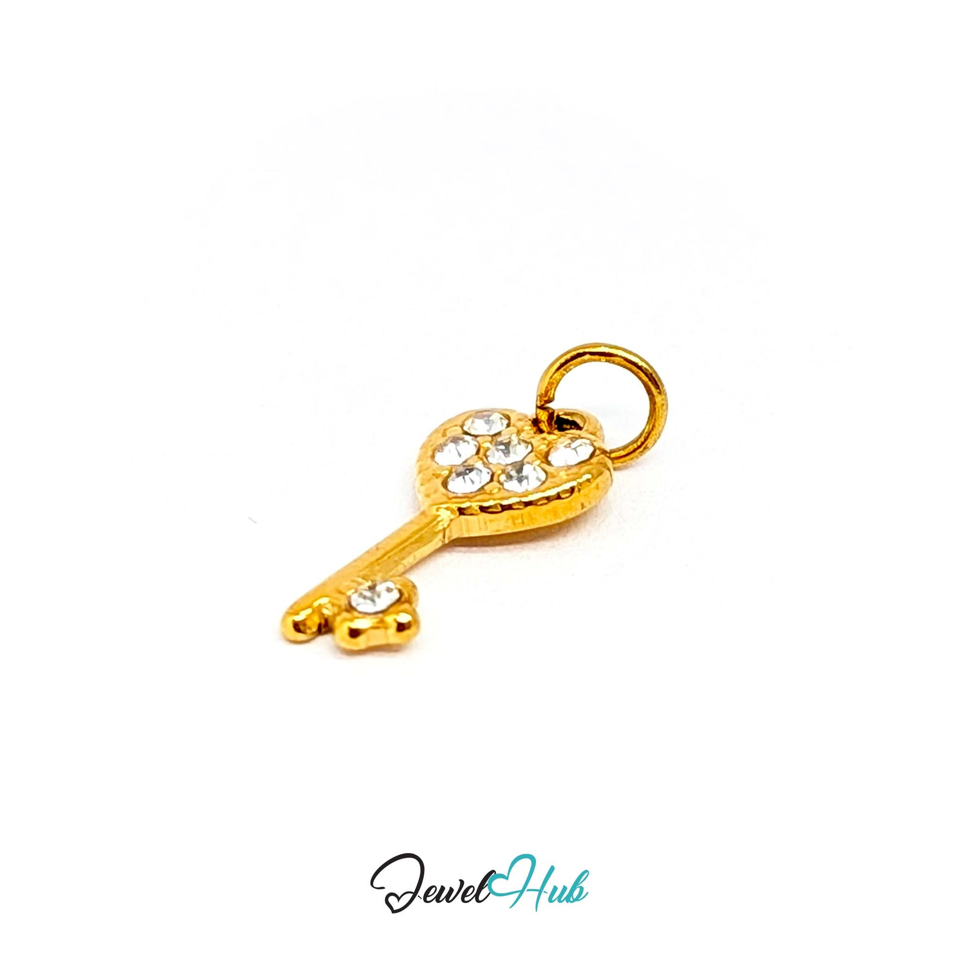 Mini heart key charm in gold stainless steel set with crystals - angled view - JewelHub