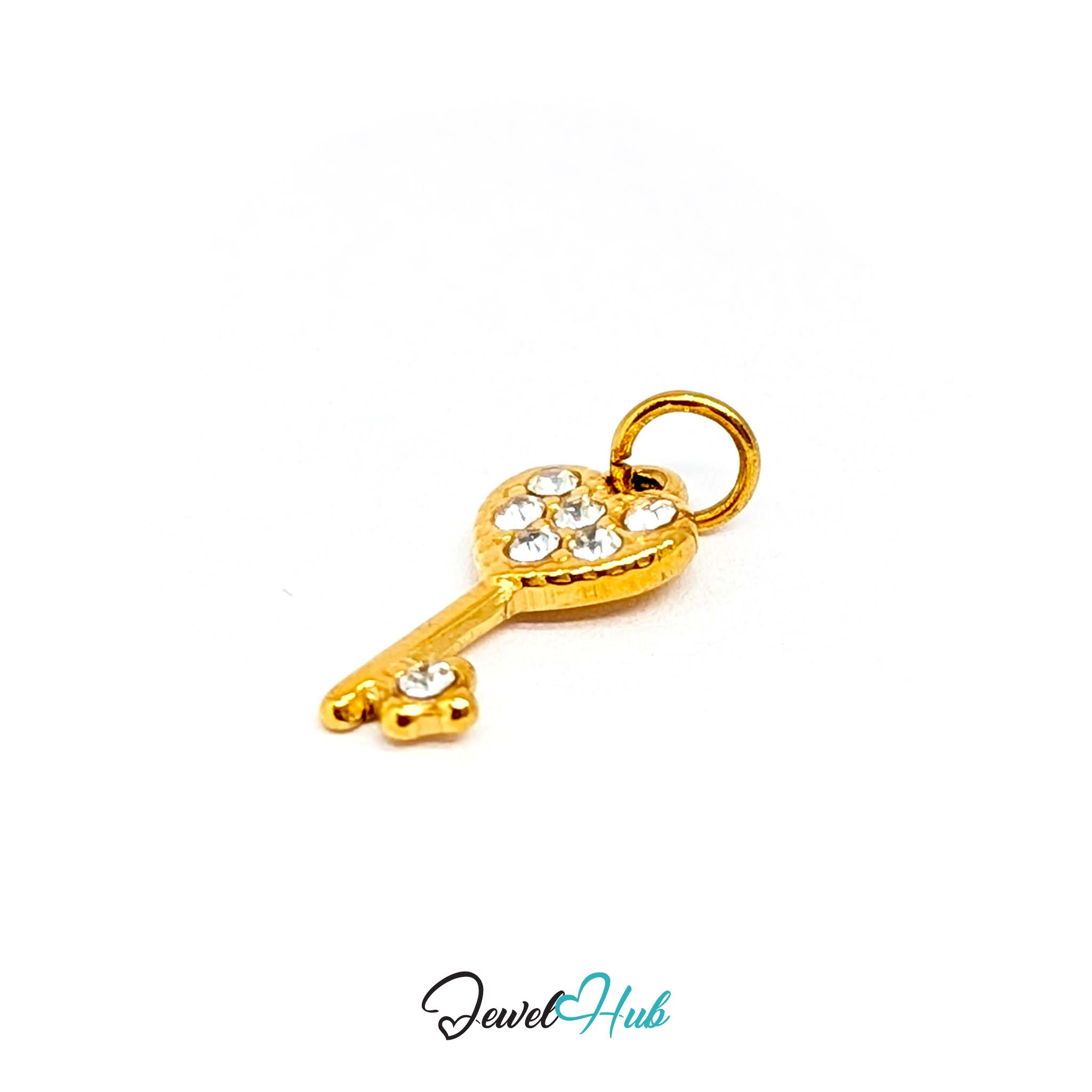 Mini heart key charm in gold stainless steel set with crystals - angled view - JewelHub