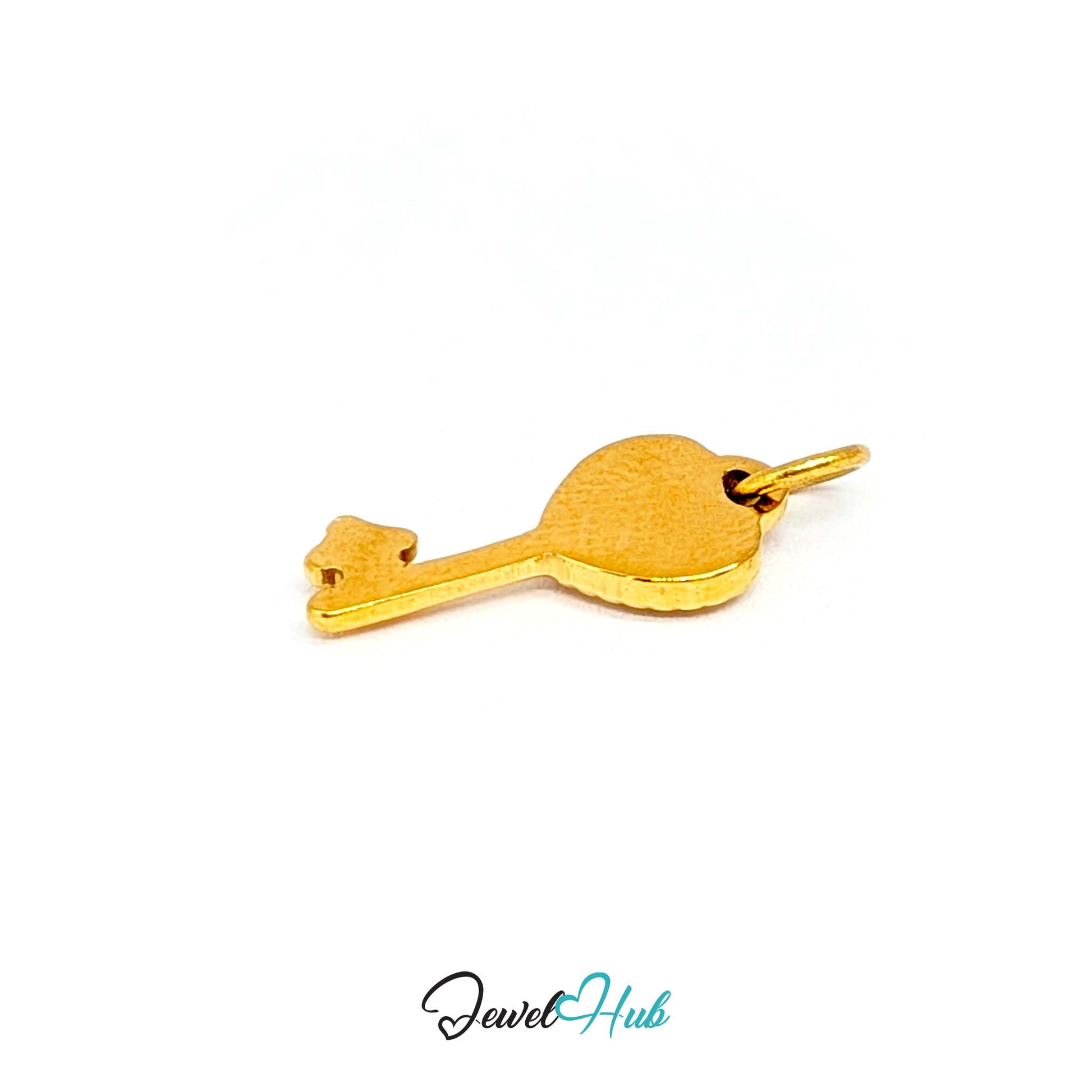 Mini heart key charm in gold stainless steel set with crystals - turned to show depth - JewelHub