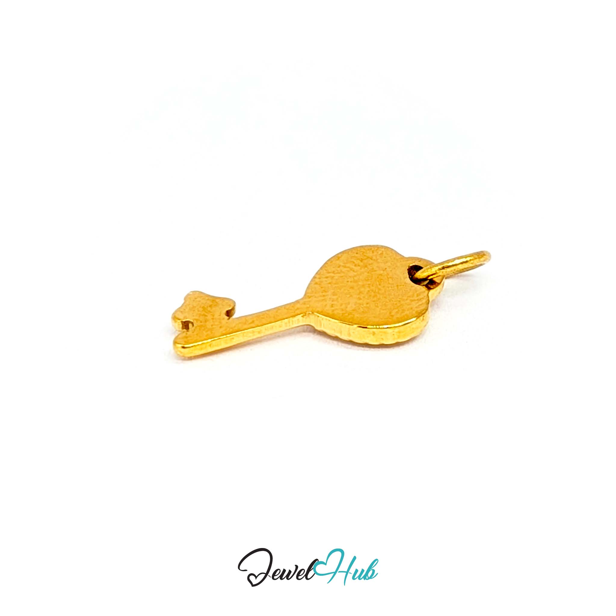 Mini heart key charm in gold stainless steel set with crystals - turned to show depth - JewelHub