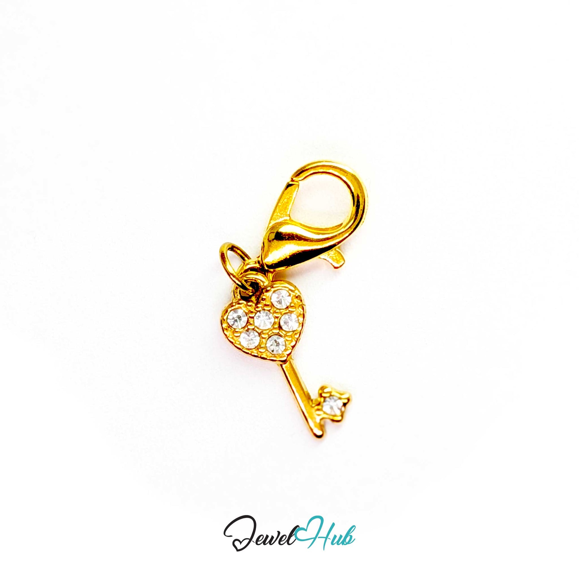 Mini heart key charm in gold stainless steel set with crystals - shown with the lobster clasp attached - JewelHub