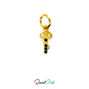 Mini key charm in gold stainless steel with four green stones - front view - JewelHub