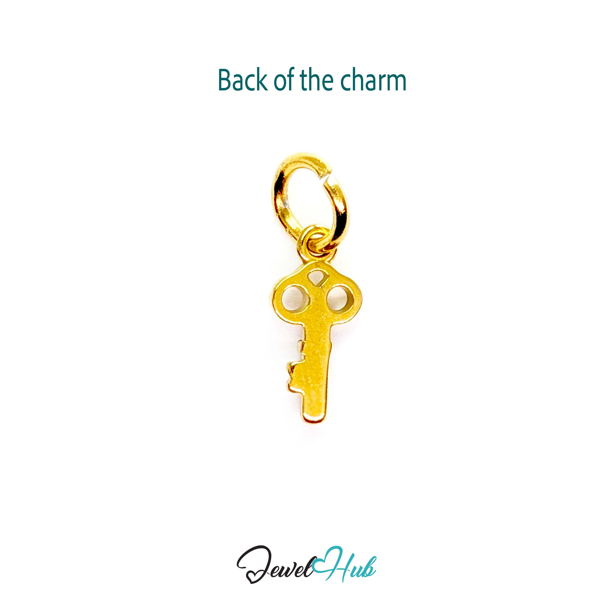 Mini key charm in gold stainless steel with four green stones - reverse - JewelHub