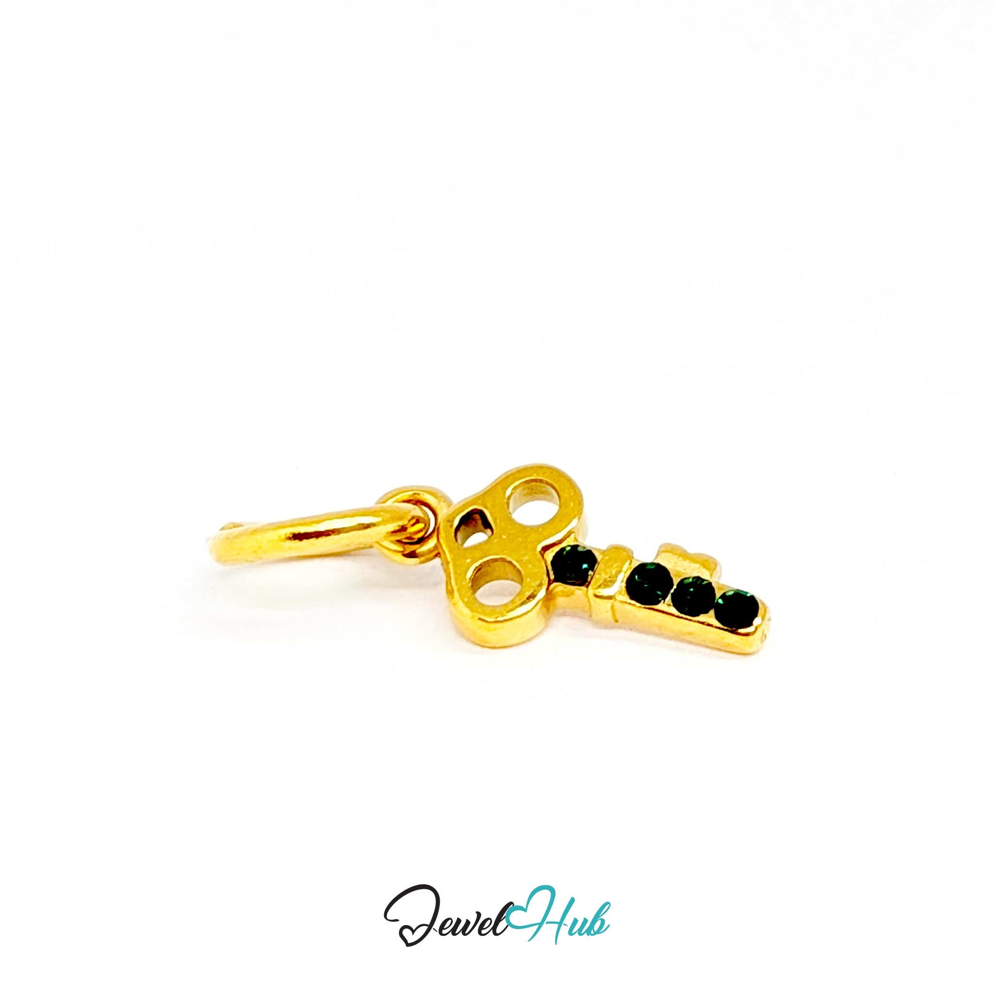 Mini key charm in gold stainless steel with four green stones - angled view - JewelHub