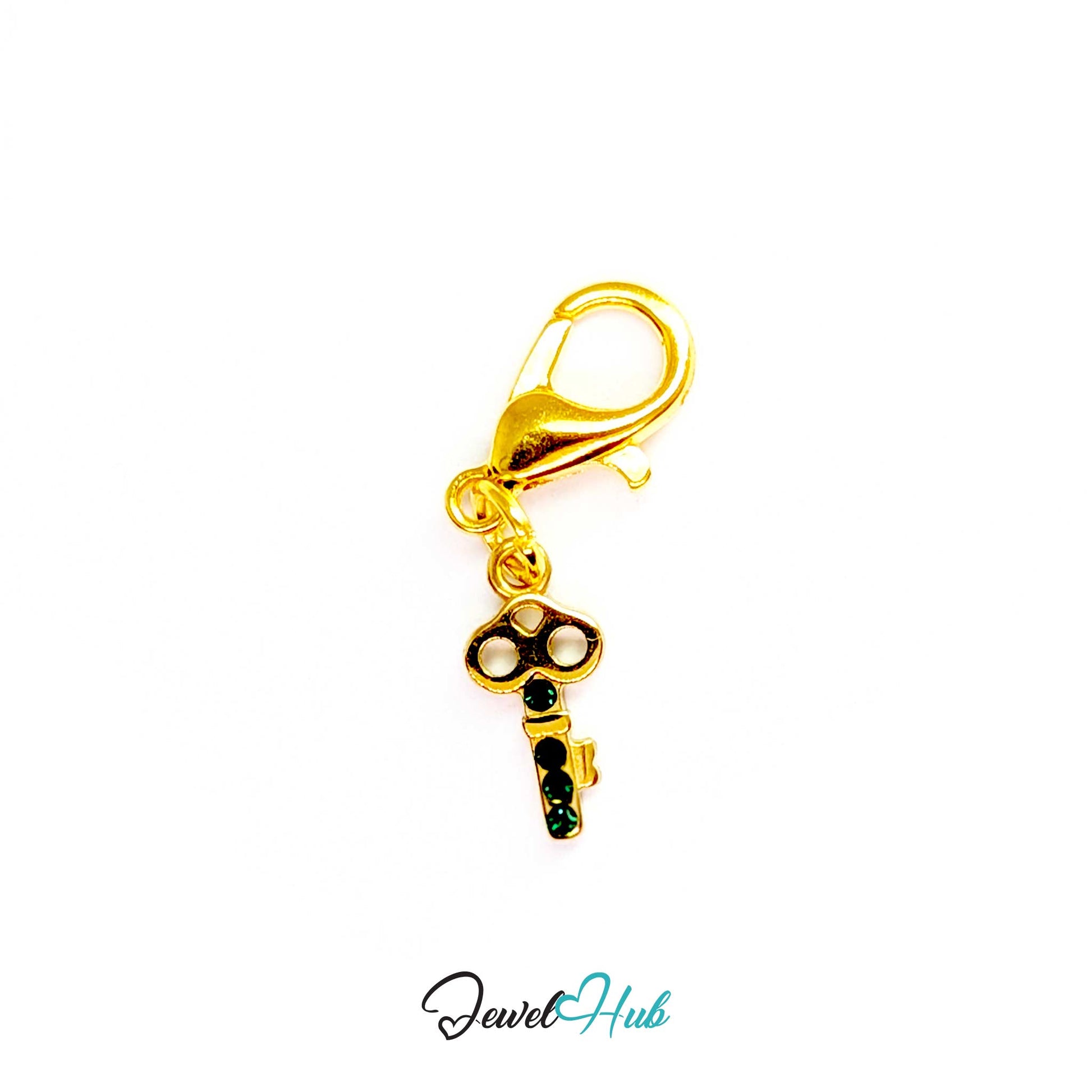 Mini key charm in gold stainless steel with four green stones - shown with the lobster clasp attached - JewelHub
