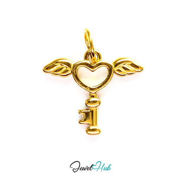 Winged heart key charm in gold stainless steel - front view - JewelHub