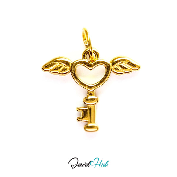 Winged heart key charm in gold stainless steel - front view - JewelHub
