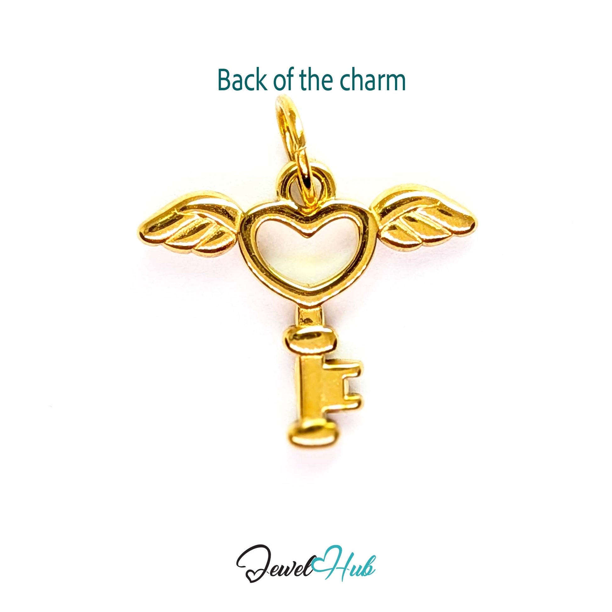 Winged heart key charm in gold stainless steel - reverse - JewelHub
