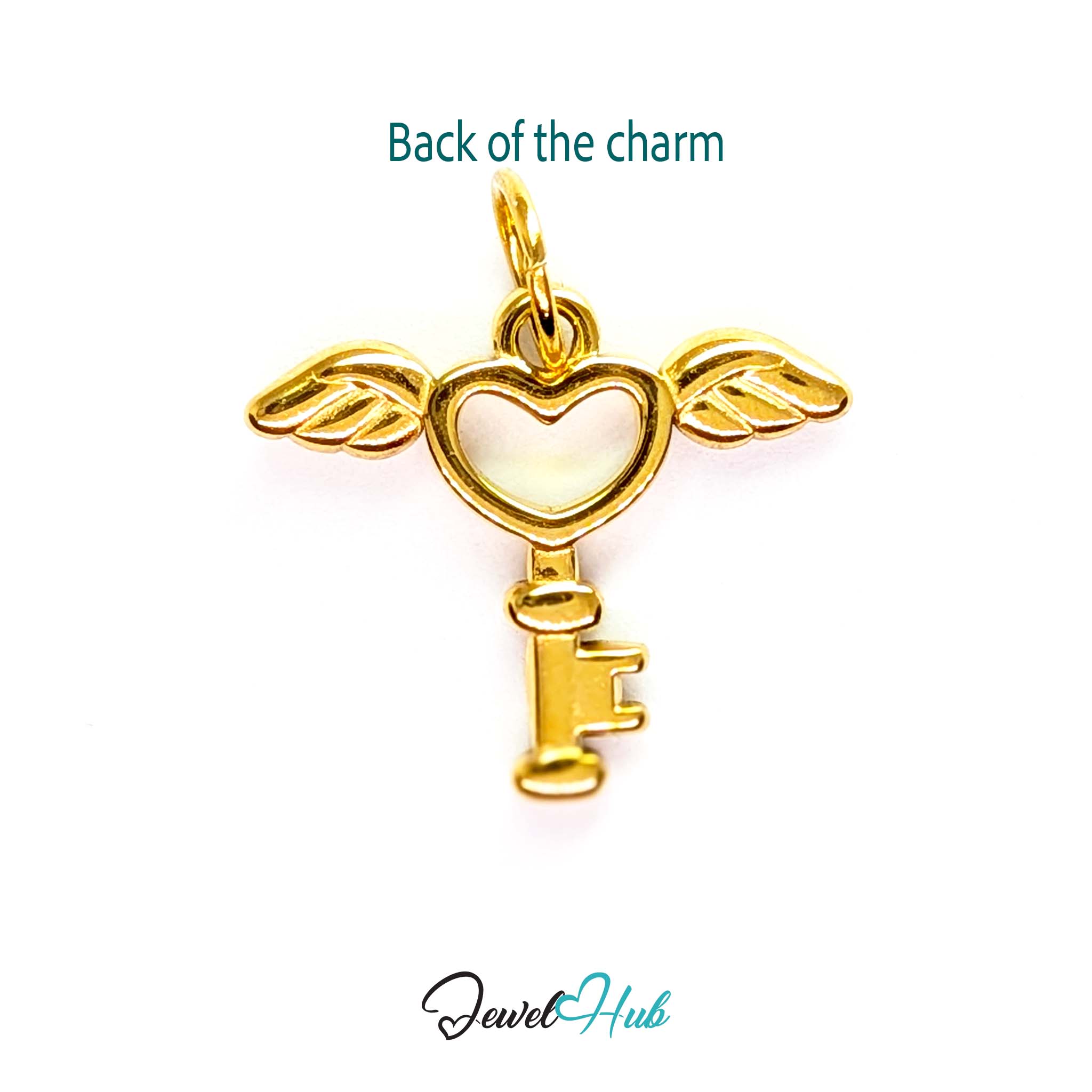 Winged heart key charm in gold stainless steel - reverse - JewelHub
