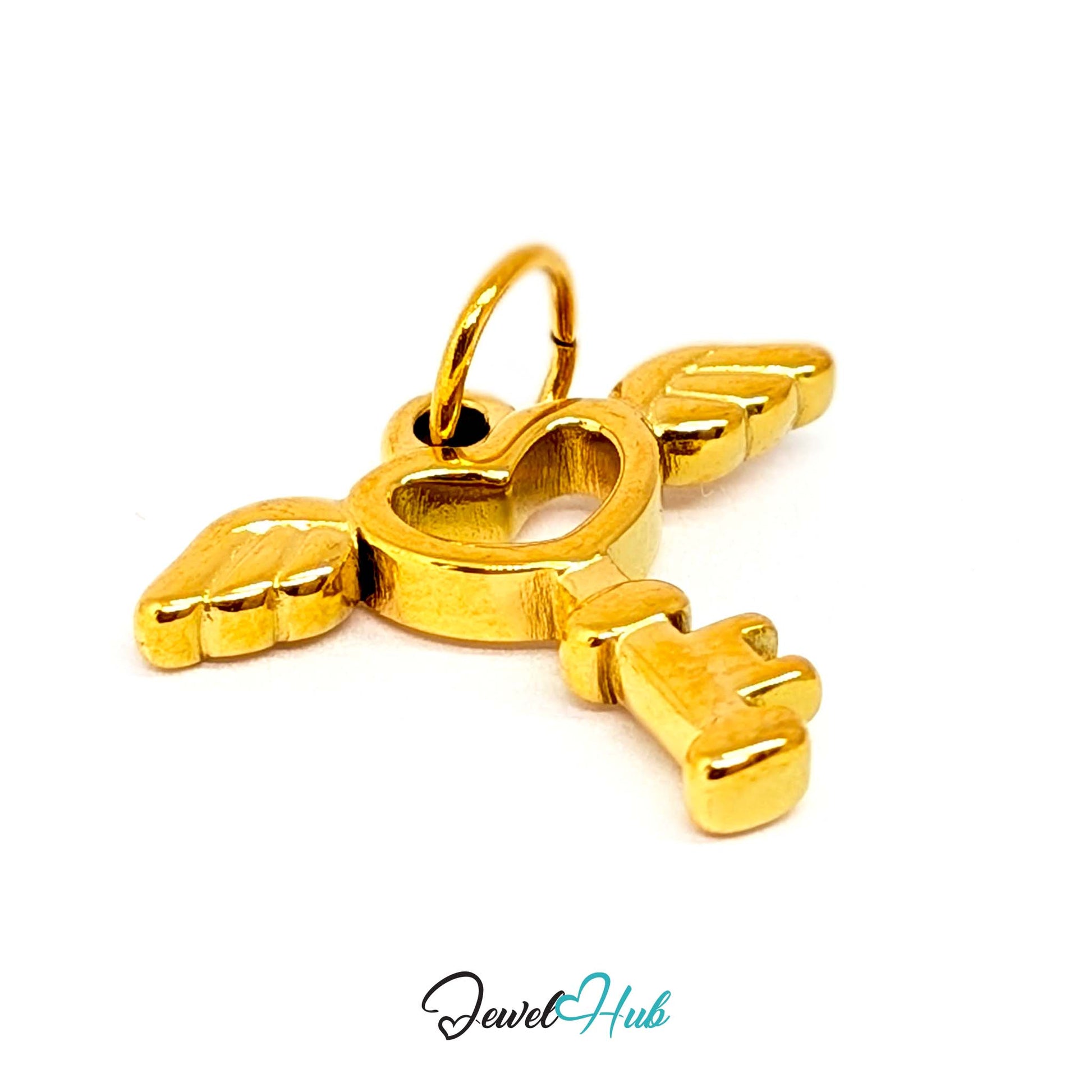 Winged heart key charm in gold stainless steel - three-quarter view - JewelHub