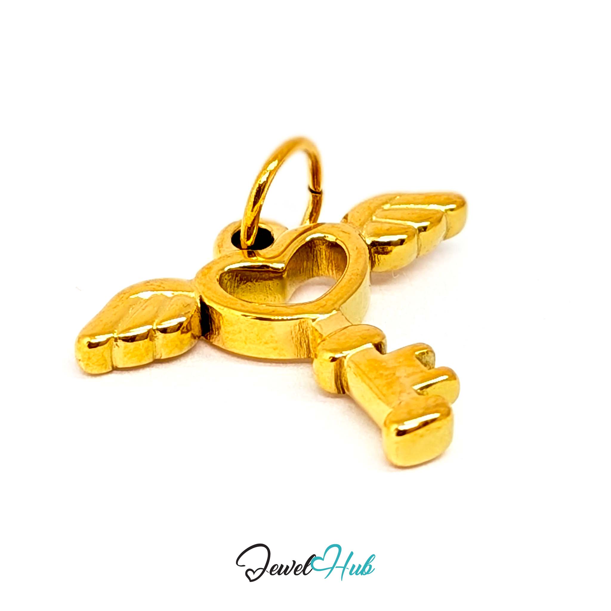 Winged heart key charm in gold stainless steel - three-quarter view - JewelHub