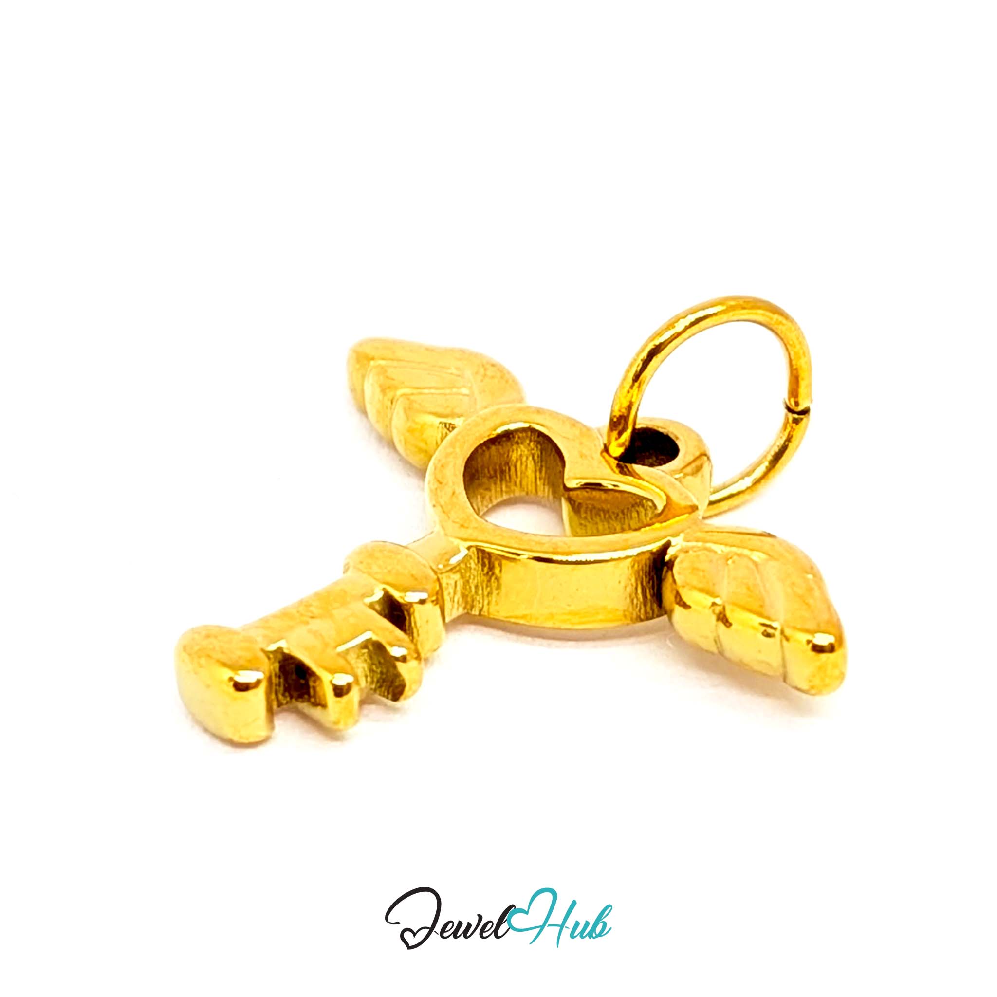 Winged heart key charm in gold stainless steel - angled view - JewelHub