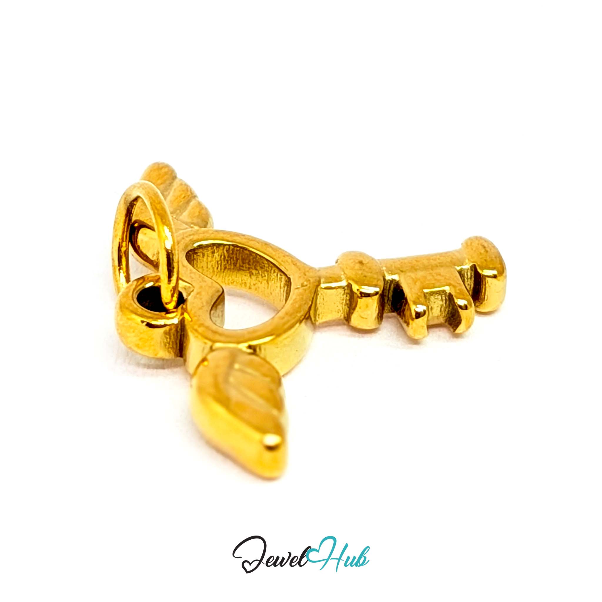 Winged heart key charm in gold stainless steel - turned to show depth - JewelHub